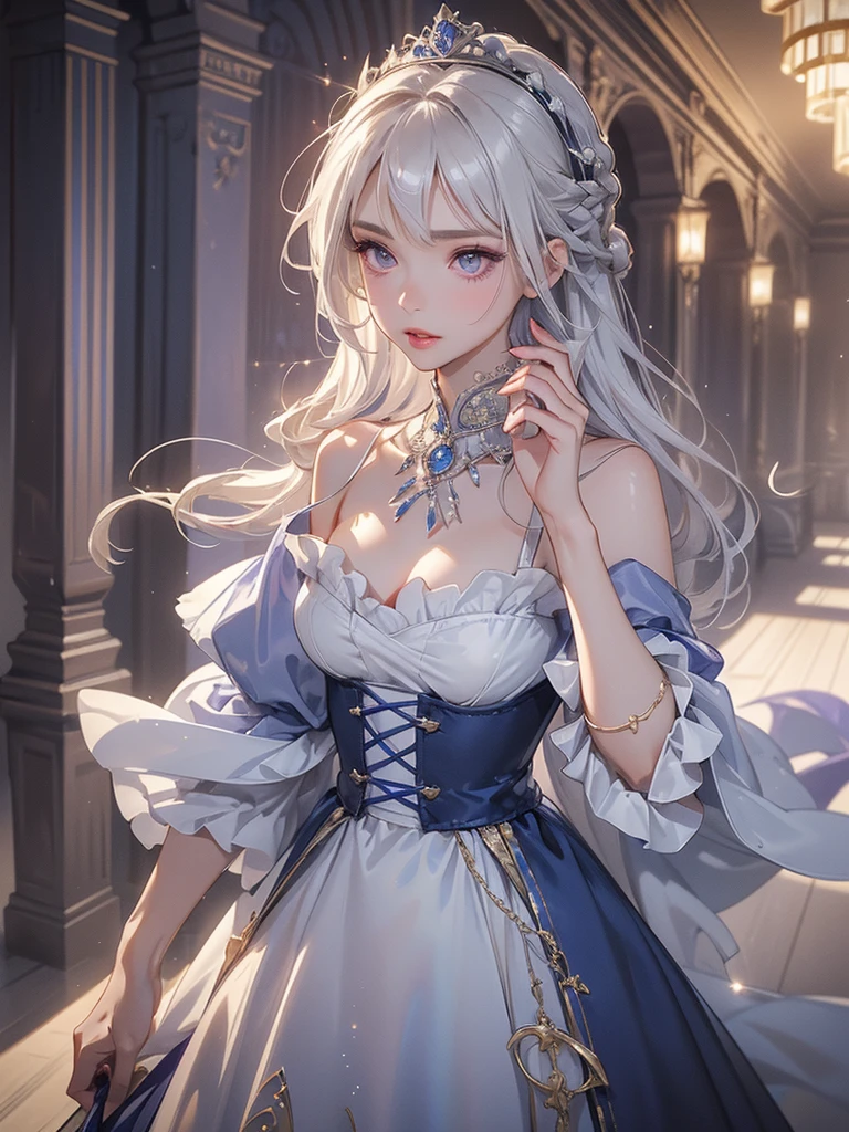 In a medieval European castle, a woman is depicted looking down out of an old stone window. She is wearing a long dress and her hair is loosely tied back. Outside the window, heavy rain is pouring down and lightning illuminates the sky. The sound of rain and thunder echoes through the castle, creating a somber and heavy atmosphere.