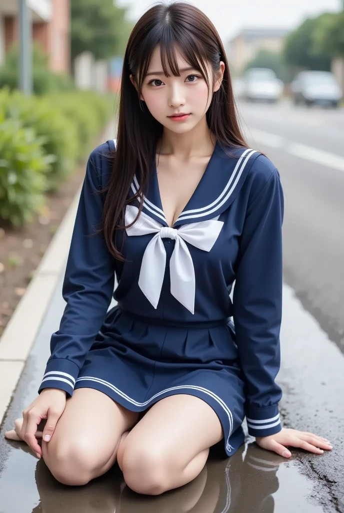  wearing a navy blue skirt and a traditional long-sleeved sailor suit with white accents、Fair-skinned Japanese  ******  professional photo of a girl .  she is sitting on a wet pavement ,  with her legs slightly open ,  Wearing .  composition emphasizes the slight reflection of her white pants in a small puddle .  The image emphasizes her idol-like beauty and 、Clearly ,  smooth skin and delicate facial features .  Soft, Natural Lighting ,  gentle shadows that enhance the texture of the uniform and the reflective surface of the puddle The .  the background is blurred to draw attention to the subject ,  composition creates a quiet yet playful atmosphere, and the .  Photographed with a 50mm lens f  /2. 8 ,  photorealistic aesthetics .