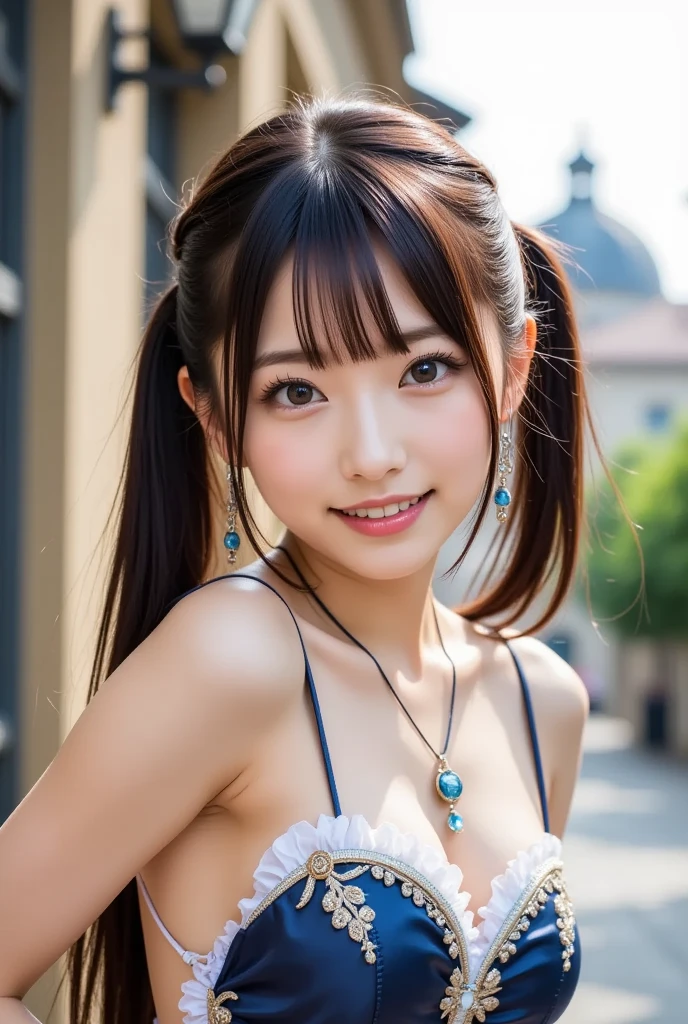 ( cute young Japanese woman , 18 years old, Shiny Brown Ponytail, open your mouth, laughs:1.1),(As european  Rococo cultural festival unfolded, Beautiful Scenery of the Ancient City ,  Cobblestone Streets and Ancient Architecture ,  As if it had transcended time and space :1.2) ,( detailed background, wide shot , full body back view, Lying on the Stairs ,leg high,  dynamic pose ),( Detailed Pretty Face , cute eyes with attention to detail, cute lips with attention to detail, Extremely Erotic Maid Clothes , Rococo, Victoria's Secret ),Enhanced Everything,Snow結晶,Snow