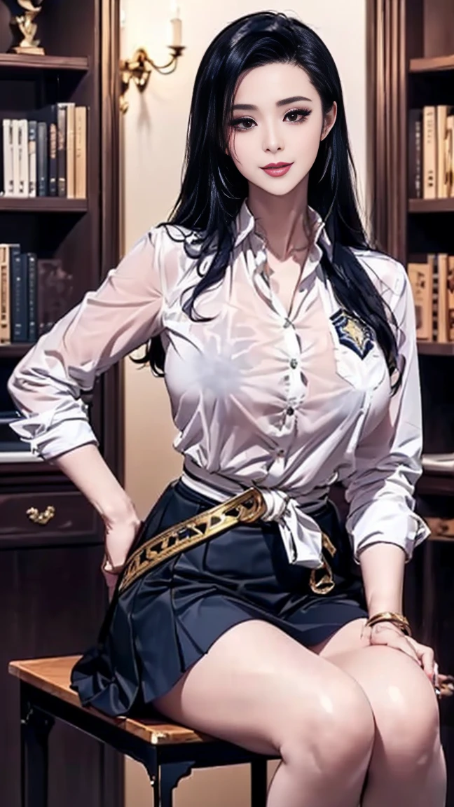 (masterpiece high quality, modern clothes) half body, 24 years, caitlyn, black hair, 1girl, long hair, bangs, black attire, normal , messy hair, white top suit, black clothes, anime style character, highly detailed exquisite fanart, realistc anime, black eyes, pistol on the belt, belt in waist