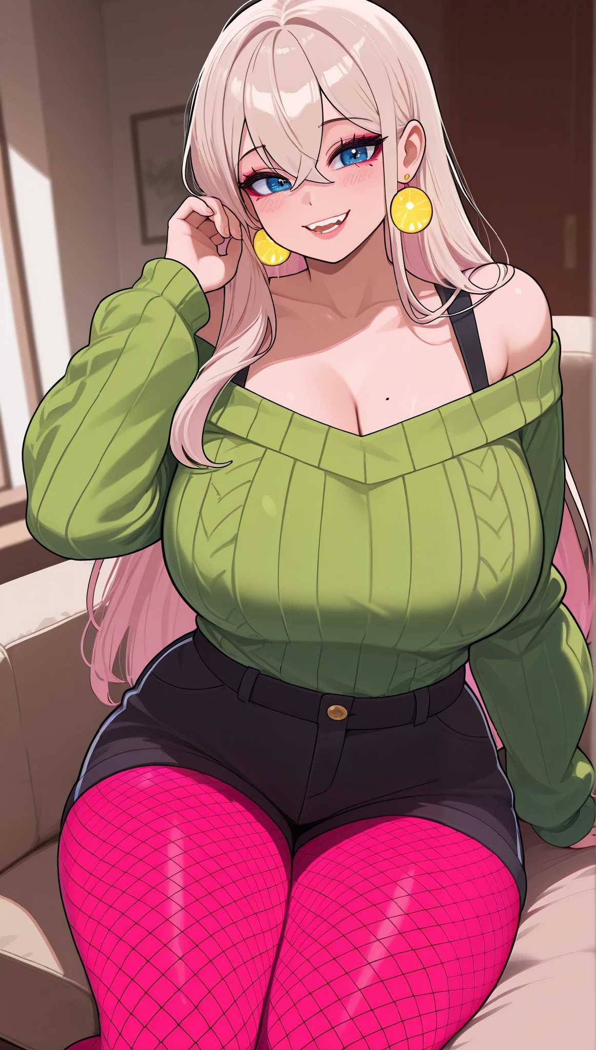 (masterpiece), (portrait), big breasts (aesthetics), ((1 female 21 years old)), Highlight earrings), ((long hair, long bangs hair eyes)), ((Hot light beige hair, retro style hair)), straight hair, thin eyes open, blue eyes, cute, female, woman, lips parted pink, malicious smile, seductive prick, beautiful, female features, top, high quality, aesthetic clothing, professional angle, (rule of thirds), (feminine,Pointed teeth, ), (feminine), (feminine), (beautiful) , (female ) features), solo, (Korean attractive), summer, (ink haze), (afternoon), (vibrant light), seductive posture, ((face looking forward))), Drop-shoulder sweater blouse, sleeves and straps, green knitted shorts, lying on the sofa, red fishnet pantyhose ((Energy)), (Bold Makeup), (Big Breasts), Fair Skin, (Clothes with Hip Hop Details, horny and slutty voluptuous woman), (a hot muscular woman, muscular woman, hot fit, voluptuous mature body, super curvy body), (Sleep Neckline), Beautiful Hands, Body beautiful, beautiful ears, beautiful eyes, bright eyes, beautiful mouth, beautiful lips, needy expression, shy and blushing,Living room, hot and thick thighs, 