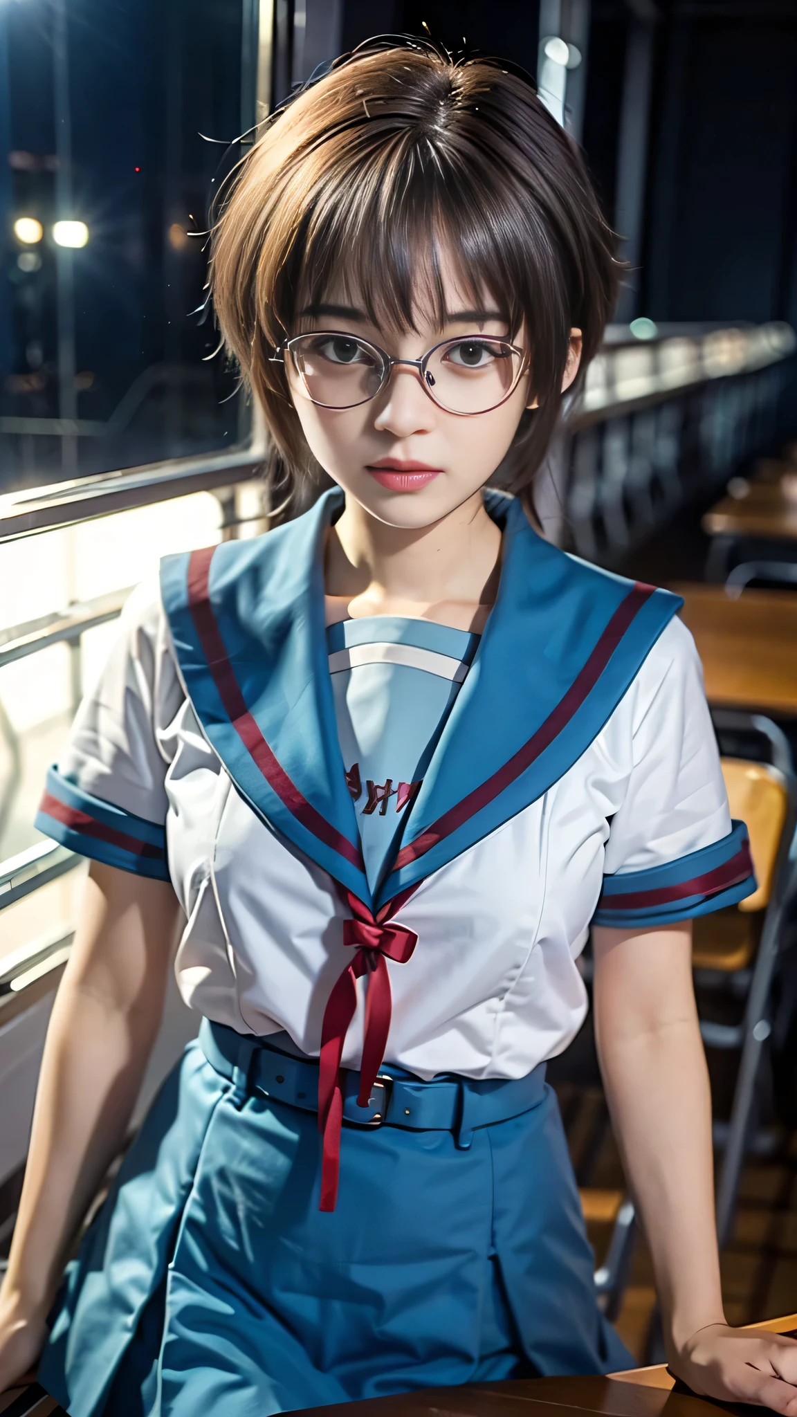 (table top, highest quality:1.2), 8k, official art, RAW photo,glasses、 (whole body, sailor suit,:1.4), beautiful girl, idol face, pleated skirt, school uniform, big breasts short sleeve, cinematic lighting, detailed face, background bokeh, 1 girl