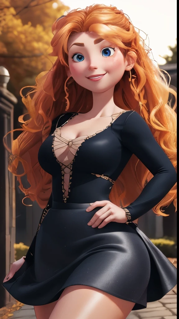 (best quality:1.4),(shiny skin), body focus, (cute face), (((best quality))), illustration, ((Beautiful Finger)), Beautiful body, cleavage, Beautiful character design,perfect lighting, Colorful, Bright_Front_face_Lighting, ultra high res, highres, absurdres:1.2, bokeh:1.2, lens flare, (vibrant_color:1.2), (Beautiful, natural breasts), (thick thighs:1.1), THICK, ponytail blond hair, beautiful eyes, thin eyebrows, light skin, tight dress, mini dark skirt, sensual smile expression, detailed eyes, blushing cheeks, (pixar:1.1), automne, outside.