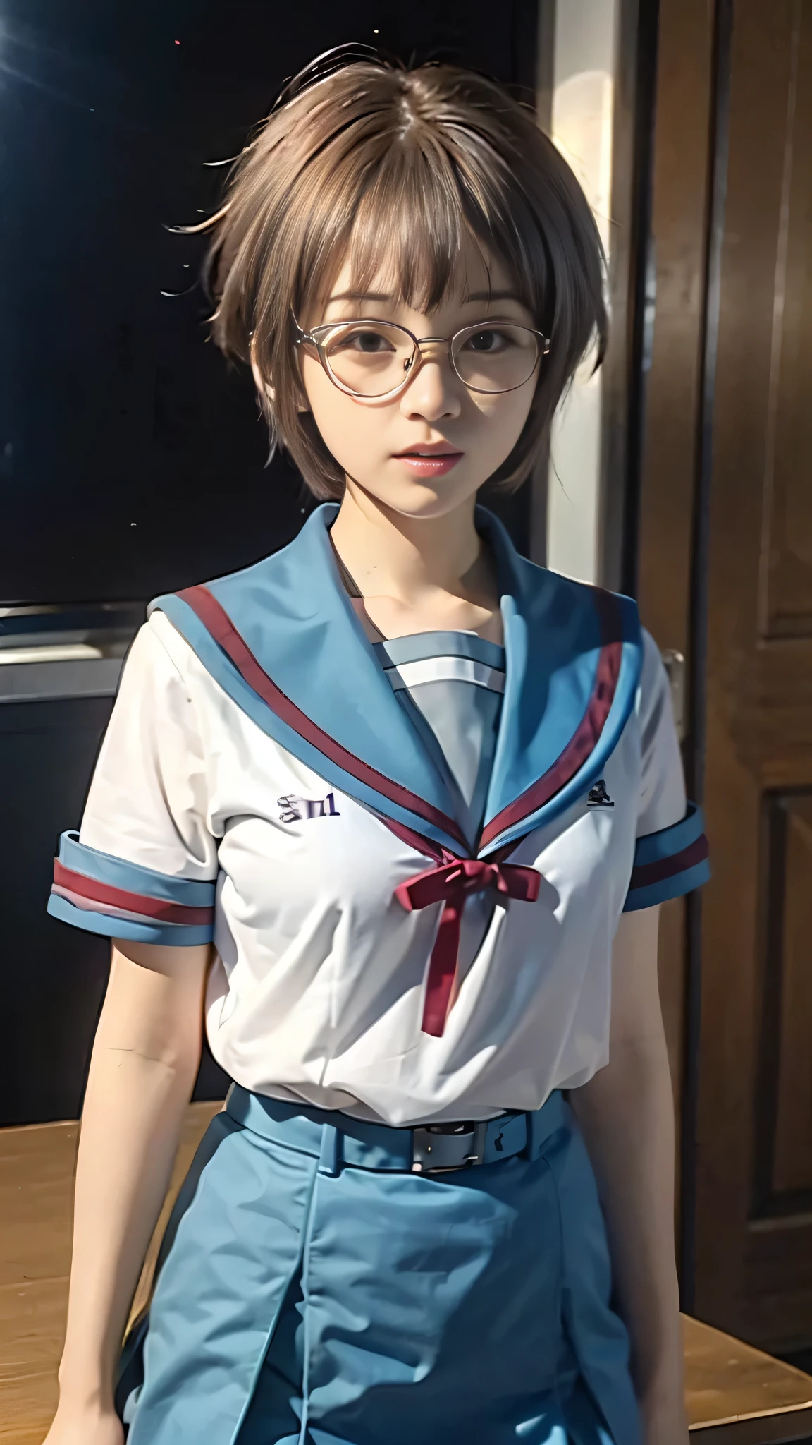 (table top, highest quality:1.2), 8k, official art, RAW photo,glasses、 (whole body, sailor suit,:1.4), beautiful girl, idol face, pleated skirt, school uniform, big breasts short sleeve, cinematic lighting, detailed face, background bokeh, 1 girl