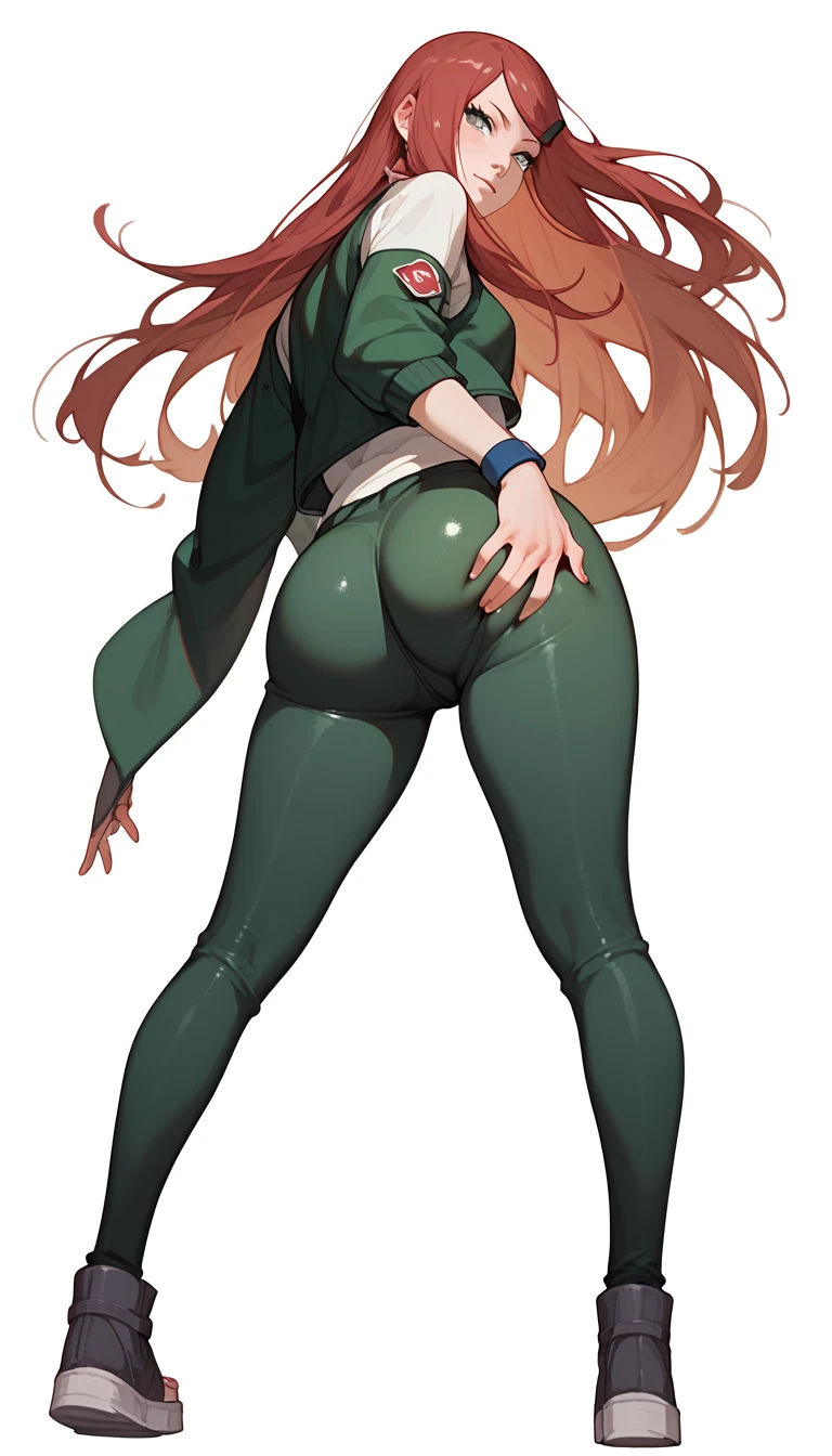 a masterpiece of the highest quality, one focus, perfect face:1.1, high detail:1.1, anime, Kushina Uzumaki, spread butt, in tight shorts, big hips