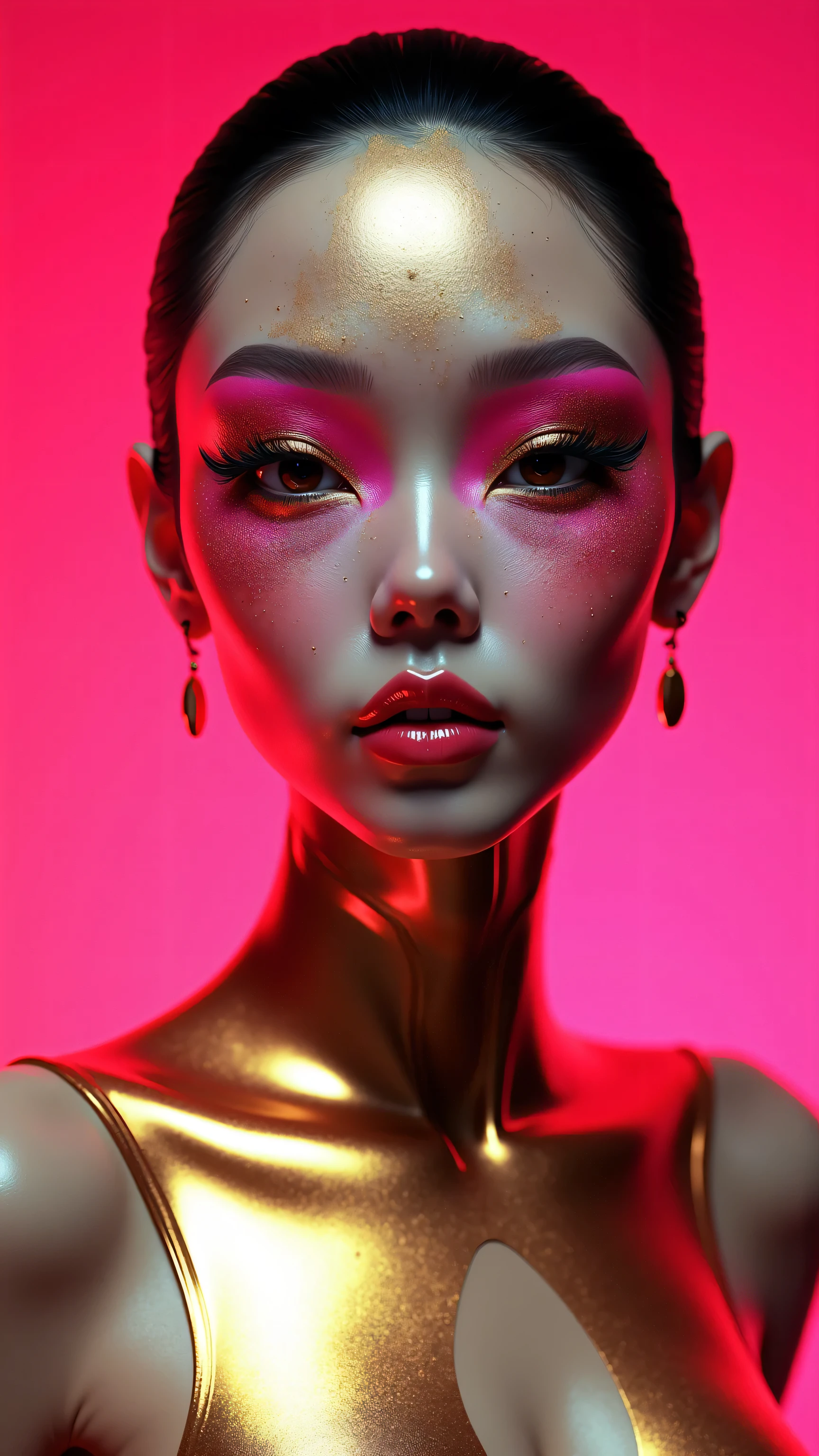 80’s glam rock makeup on shiny android face, anime, 2.5D, Glittery face, moody lighting, (pink and gold palette), iridescent face, abstract ai model, pretty, sexy, minimal, sleek, slender, asian, elegant, chic, futuristic, retro, sophisticated half human half machine, close up face portrait, Kizi,Highly detailed, Amazing work,Vitreous luster,((clean backdrop)),blacks, yellows,Best quality at best,clean backdrop。shiny skin, colorful background, plain background, gold background, pink background, plunging neckline, huge breasts, cleavage,