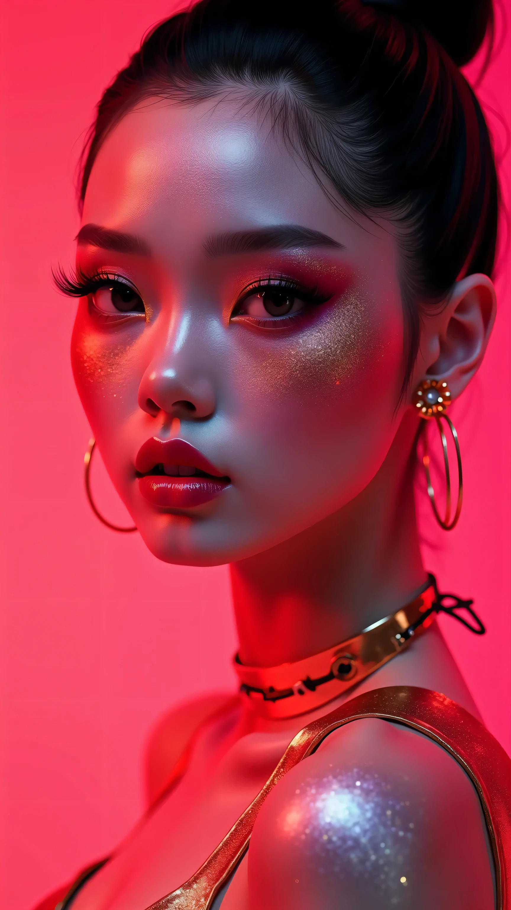 80’s glam rock makeup on shiny android face, anime, 2.5D, Glittery face, moody lighting, (pink and gold palette), iridescent face, abstract ai model, pretty, sexy, minimal, sleek, slender, asian, elegant, chic, futuristic, retro, sophisticated half human half machine, close up face portrait, Kizi，Highly detailed, Amazing work，Vitreous luster,((clean backdrop))，blacks, yellows，Best quality at best，clean backdrop。shiny skin, colorful background, plain background, gold background, pink background, plunging neckline, huge breasts, cleavage, 