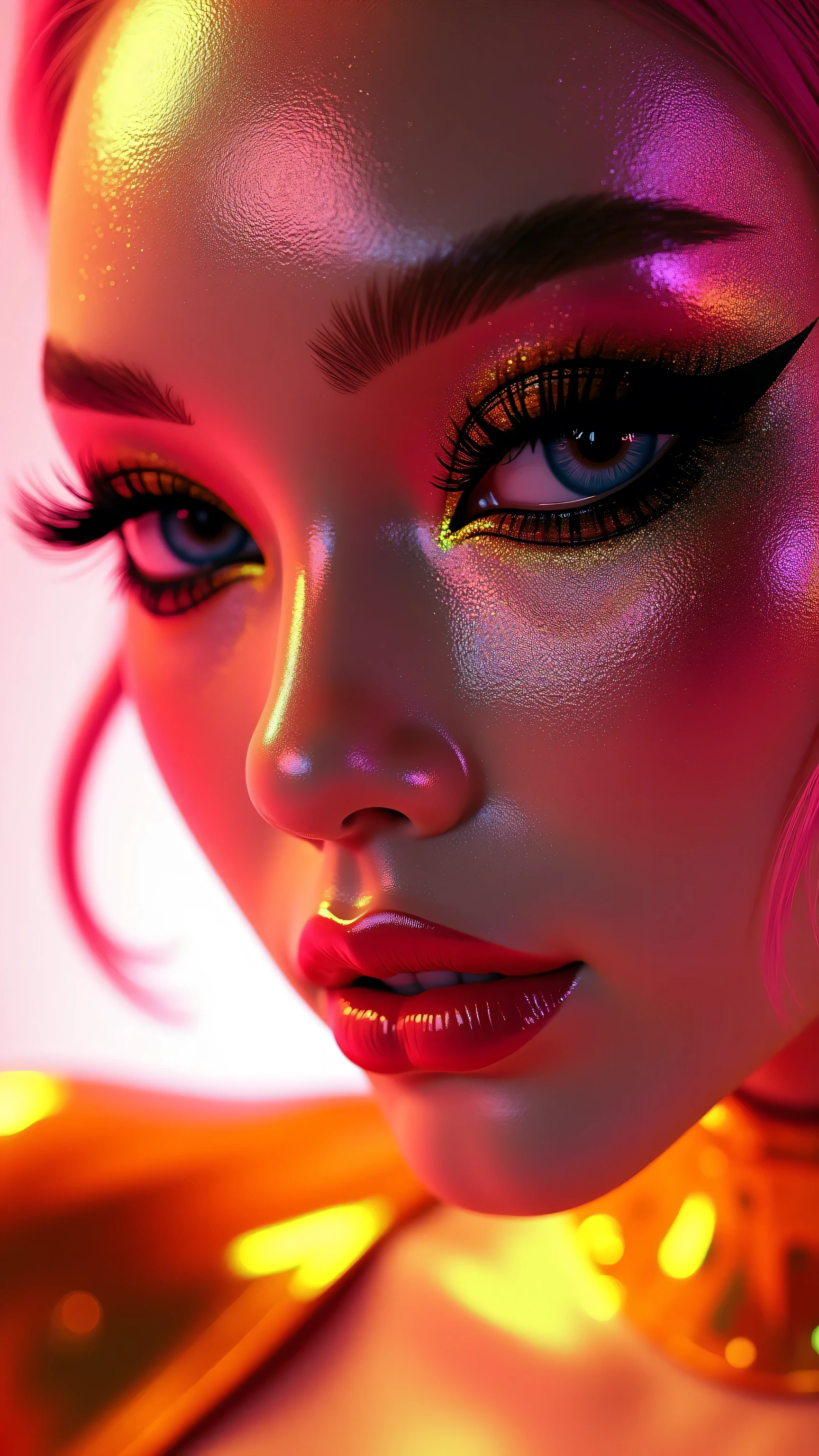 80’s glam rock makeup on shiny android face, anime, 2.5D, Glittery face, moody lighting, (pink and gold palette), iridescent face, abstract ai model, pretty, sexy, minimal, sleek, slender, asian, elegant, chic, futuristic, retro, sophisticated half human half machine, close up face portrait, Kizi,Highly detailed, Amazing work,Vitreous luster,((clean backdrop)),blacks, yellows,Best quality at best,clean backdrop。shiny skin, colorful background, plain background, gold background, pink background, plunging neckline, huge breasts, cleavage,