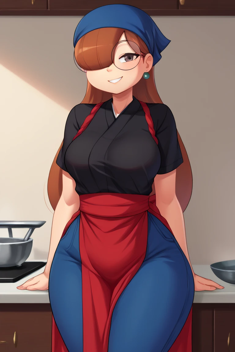 score_9, score_8_up, score_7_up, score_6_up, score_5_up, score_4_up, 1girl, solo, rating_explicit, source_cartoon, Emma_Donchibi_Style, red-brown hair, hair over eyes, blunt bangs,
black-framed eyewear, brown eyes, circular rim glasses, round eyewear, hair over one eye, long hair hairband, earrings, perfectly round breasts, wide hips, 
beautiful, sexy, cute, medium breasts, standing, smile, fca style, half body, eyebrows, red apron, japanese clothes, kimono, black shirt, blue pants, blue head scarf,short sleeves, indoor, sexy pose, smile, looking at viewer,