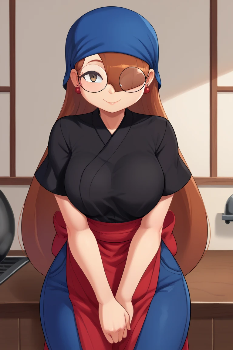 score_9, score_8_up, score_7_up, score_6_up, score_5_up, score_4_up, 1girl, solo, rating_explicit, source_cartoon, Emma_Donchibi_Style, red-brown hair, hair over eyes, blunt bangs,
black-framed eyewear, brown eyes, circular rim glasses, round eyewear, hair over one eye, long hair hairband, earrings, perfectly round breasts, wide hips, 
beautiful, sexy, cute, medium breasts, standing, smile, fca style, half body, eyebrows, red apron, japanese clothes, kimono, black shirt, blue pants, blue head scarf,short sleeves, indoor, sexy pose, smile, looking at viewer,