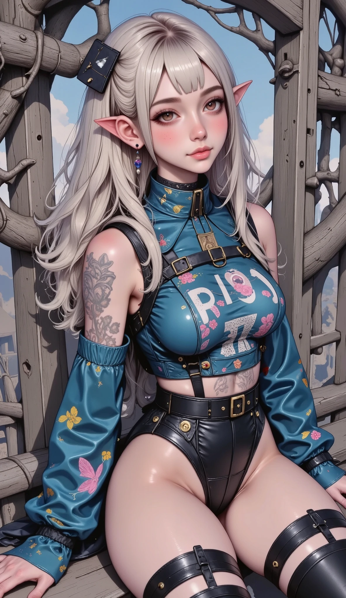 (Fidelity: 1.4),  ,  masterpiece, ((femenino,  big boobs )), delgado, muscular, Sharp ears ,  light gray skin ,  long curly gray hair, Ojos rojos, smile, minder , Do not disturb ,  Recite the Pipa 