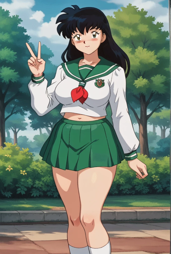  a girl, Alone,  exterior ,   brown eyes,     school uniform  ,(  masterpiece: 1.6,   better quality), (  Pretty and beautiful eyes  : 1.2), (  better quality,   masterpiece, higher), green     school uniform  , soft thighs ,   long sleeves,    white socks   ,  scenography  ,   better quality, ((  animated)) ((Colored))   High Definition, Kagome Higurashi ,    school uniform, Standing, Green skirt,  big breasts,   black hair entre los ojos, The thighs are soft , morbid smile ,  blushing face,  seeing the spectator , school funds ,  black hair, skirt ,Standing, green skirt, serafuku, belly button, pop,  left hand sign of victory, Right hand clutching the hip,  full body ,  chubby belly  , (circle shaped belly button)