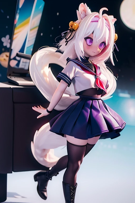 Filian, white hair, purple eyes, blue seifuku, short sleeves, black stockings, boots, large breasts, hair bell, hairband, ahoge, animal ears, tail