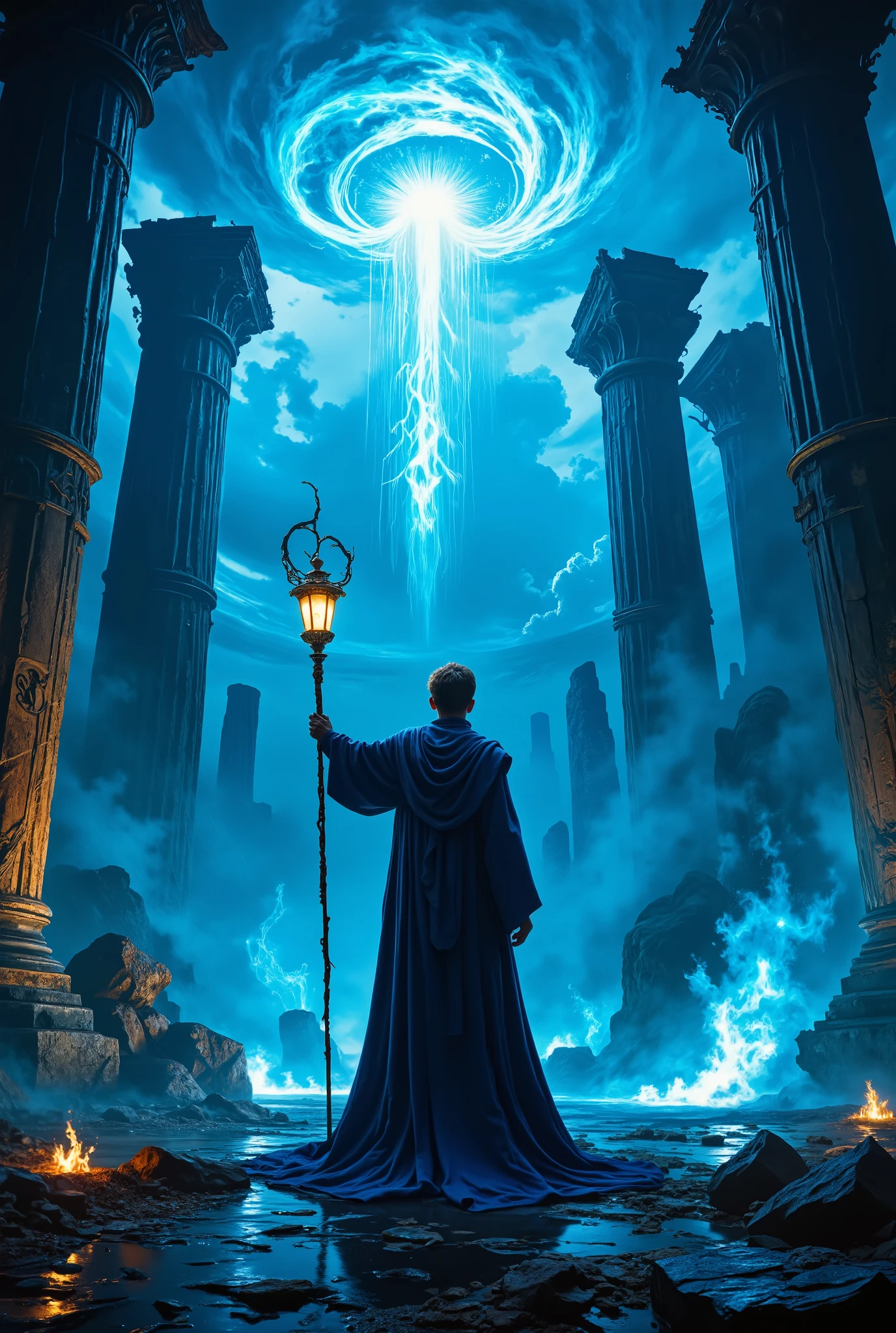 A cinematic masterpiece depicting a handsome young sorcerer 18 years old, wearing a plain deep azure blue robe that flows dramatically in the wind. He stands in the center of a ruined temple with  giant, larges, massive, colossal, weathered pillars surrounding him. (((The environment is charged with mystical energy as glowing, swirling arcs of dark blue fire form a massive vortex, meet nature above him in the stormy sky))). The sorcerer wields a large, intricate copper staff with a dark blue flame burning brightly in a hanging copper lamp at its tip. His pose is heroic and commanding, one hand gripping the staff while the other is outstretched, channeling energy. The perspective is low-angle, emphasizing his powerful stance and the epic scale of the scene. The color palette features warm icy silver tones from the fiery light, contrasting with the cool, deep blues of the sorcerer’s attire and magical energy. The composition balances light and shadow, creating a dynamic and immersive visual. images composition is 1/4: 1 wizard, 4 massive vortex