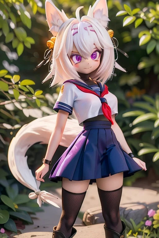 Filian, white hair, purple eyes, blue seifuku, short sleeves, black stockings, boots, large breasts, hair bell, hairband, ahoge, animal ears, tail