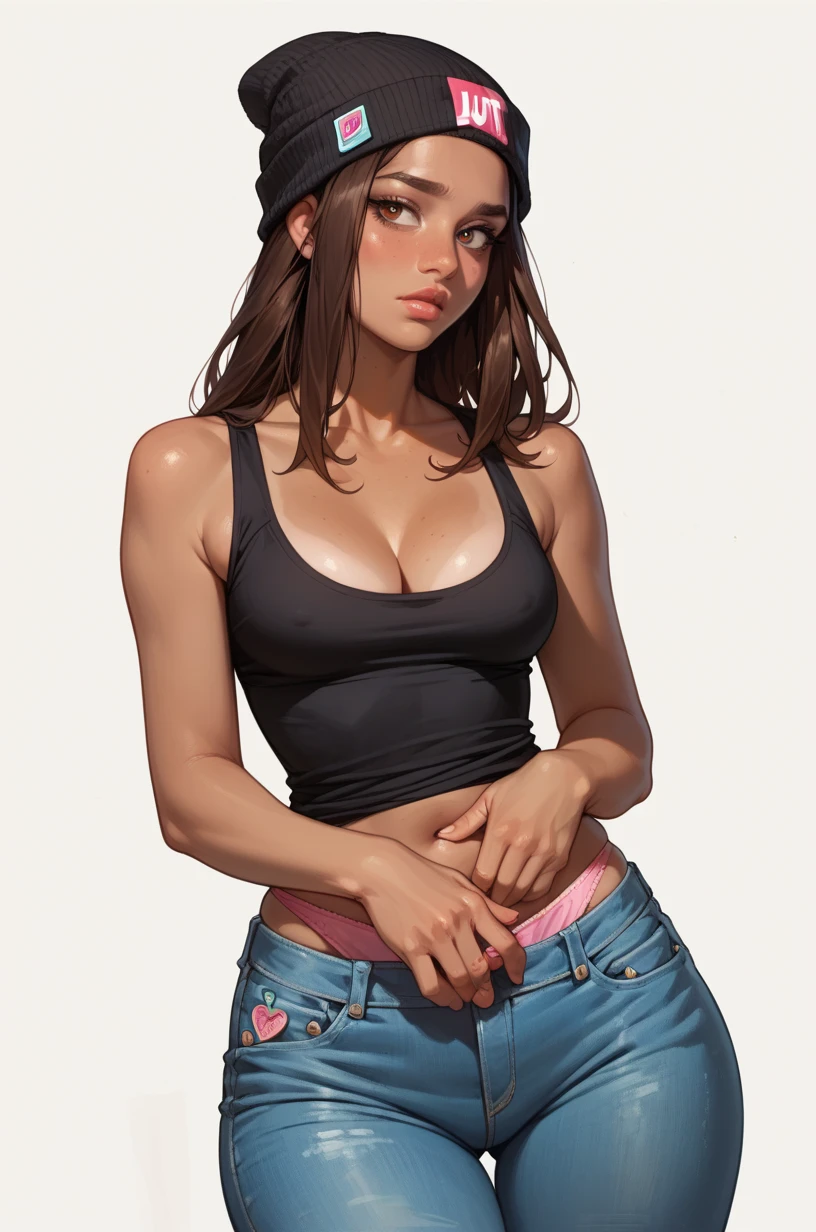 Mid body shot of a very very very sexy girl, brunette hair style, wearing a woollen beanie, opened chest, seductive clothing.
