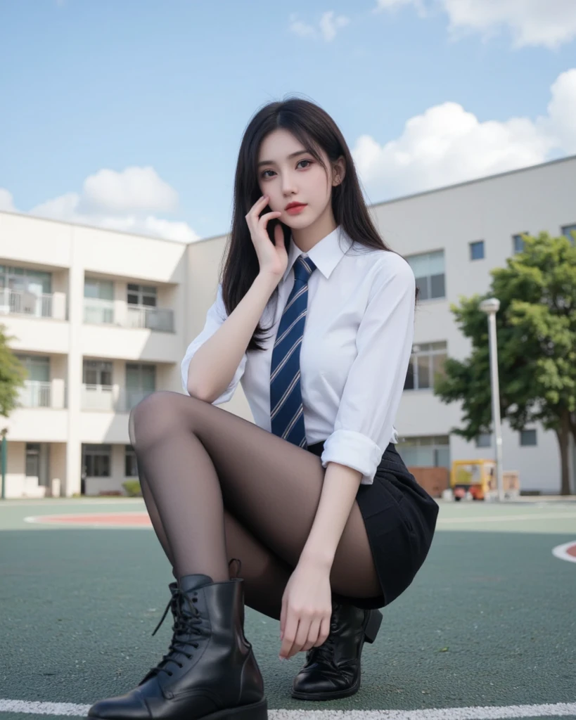 masterpiece, Bokeh, (Beautiful Face), (Detailed face), (Perfect hands), (Japanese Idols:1.6), (school uniform:1.3), (Ultra-realistic pantyhose:1.3), (Sit at the top of the tower:1.3),( Large bridge construction site:1.3), (Blushed:1.3), Working boots, (From below:1.5), Beautiful mature woman、