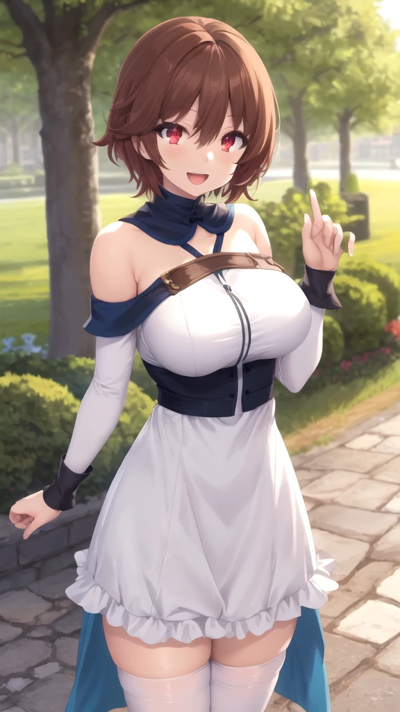 masterpiece, best quality, high quality, girl, solo, looking at viewer, keyaru_kaifuku_jutsushi, brown hair, red eyes, hair between eyes, large breasts, white dress, detached sleeves, blue thighhighs, standing, outdoors, smile, open mouth 