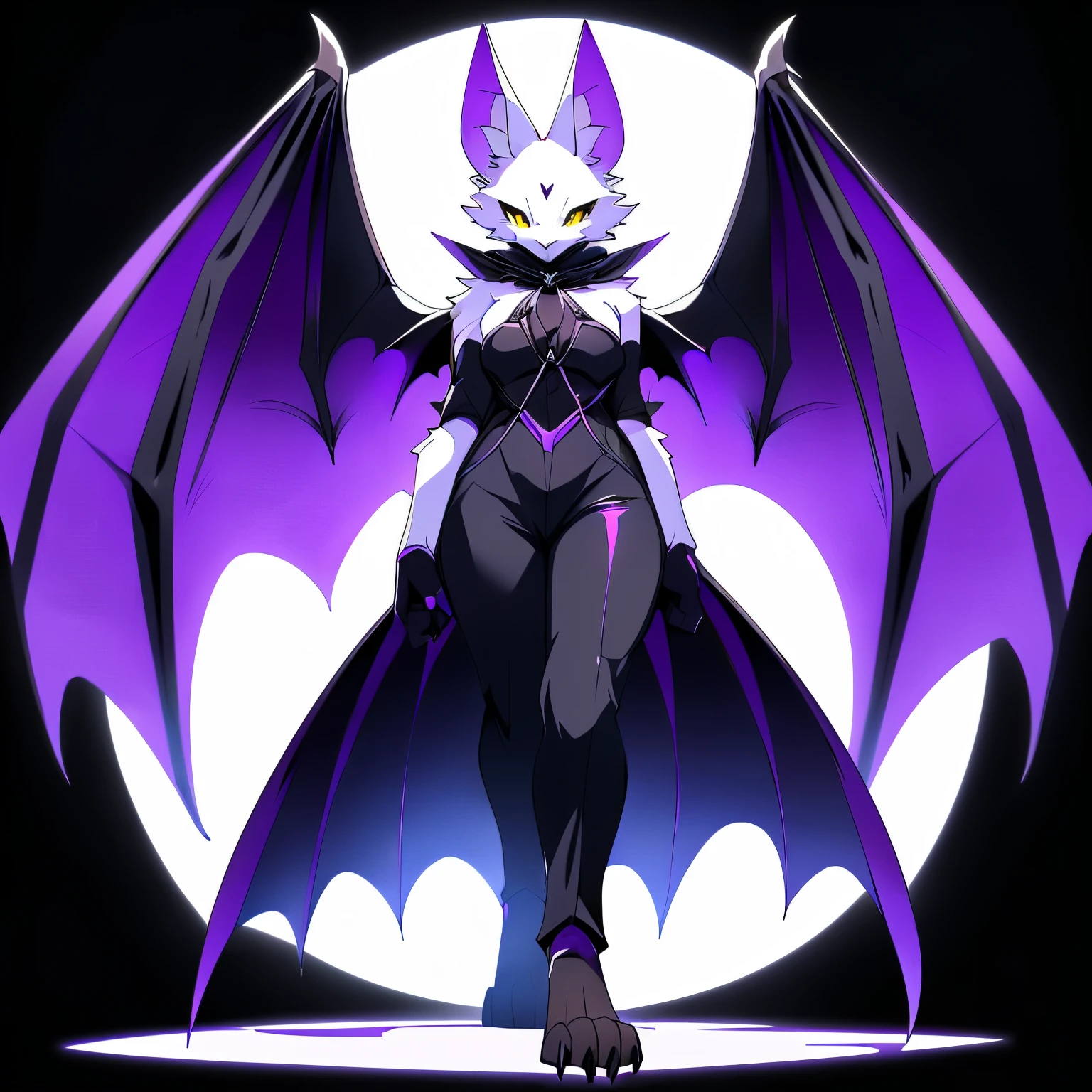 Anime, anime style, ((single person:2)), ((solo drawing:2)), ((solo:2)), ((three-quarter view)), ((Looking to the side)), ((female Anthro bat)), ((Tall figure)), ((buxom figure)), ((white skin)), clawed hands, clawed feet, ((Single Pair of Wings)), ((Huge Bat Wings)), ((Purple Bat Wings:1.2)), white bat ears, ((wearing a black halter)), ((white face)), ((neutral expression)), bright yellow eyes, ((digitigrade legs)), ((digitigrade feet)), solid black background, highly detailed anime style, clean lines, white face, short white muzzle, white furry cheeks, white furry muzzle, ((wearing loose black pants))