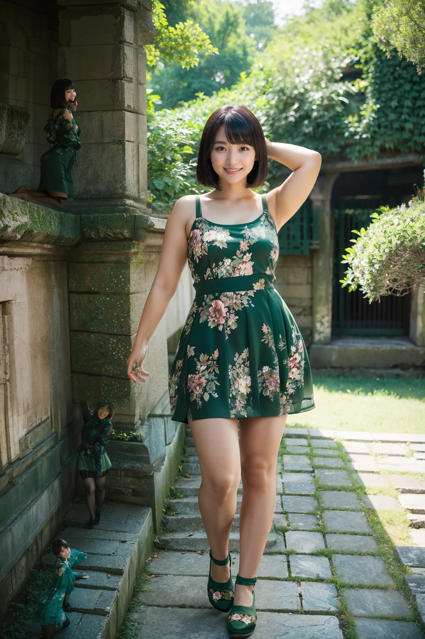 please understand well,sharp lines, best quality , Masterpiece、 Ancient Ruins 、Dark Light、Canon Photo Crystal Clear ,(Realistically:1.2), (dark green floral casual micro mini skirt dress)、 action pose 、Full body photography、 slow smile 、 charming figure 、 bob cut