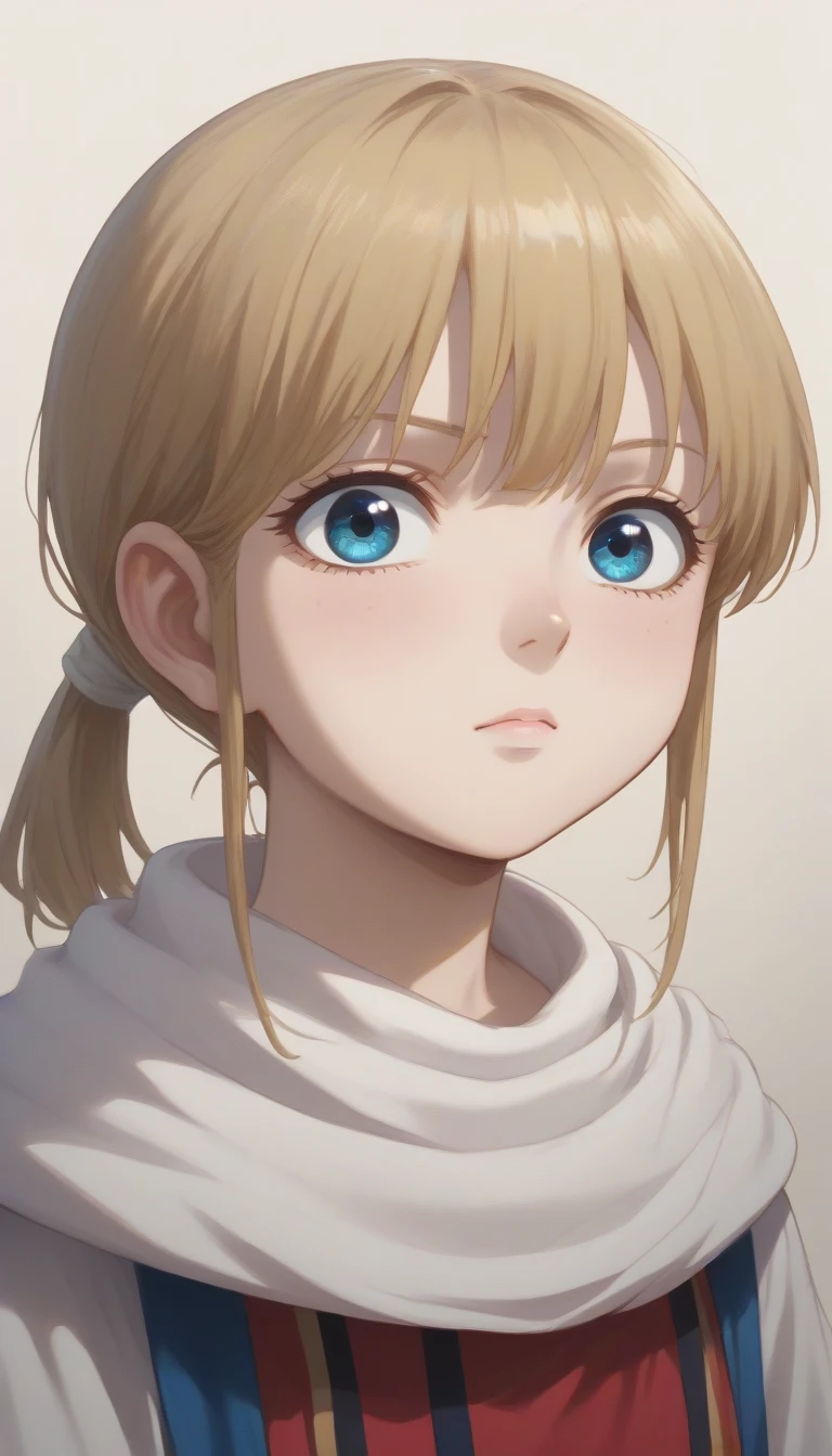 (((blond  hair blue  eyes)))  score_9, score_8_up, score_7_up, 1girl, kyoukai cowl  body guard    oval face  half portrait  cute expression 