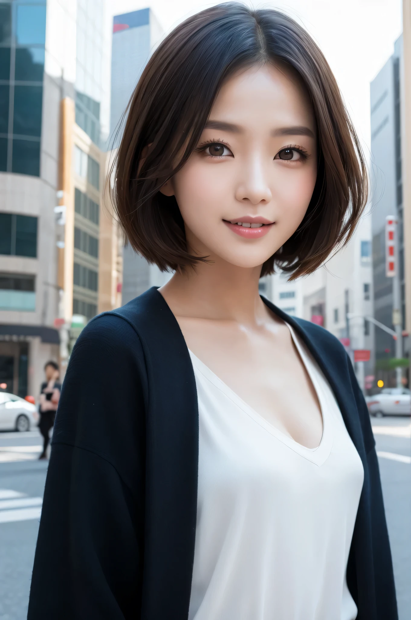 Beautiful young girl friend smiling and posing around tokyo street. wearing casul tshirt, big boobs, short hair and also friendly looking