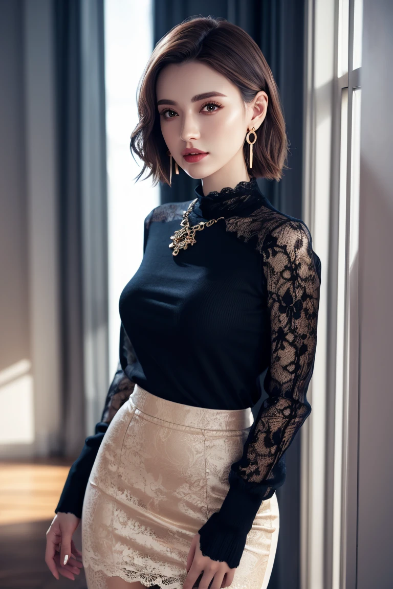 absurdres, RAW photo, highest quality,(masterpiece:1.3), High detail RAW color photo, professional photo, extremely detailed CG unity 8k wallpaper, photo realism, highres, hyperdetailed, photorealistic, best quality, extremely delicate and beautiful illustration, (one women), (covered, perfect anatomy, full body, (short hair), black hair, (slim leg), intricate hair, Detailed eyes, (black tight pants), boots, standing, female, mature female, official art, beautiful detailed background, (extremely delicate and beautiful illustration), depth of field, bokeh, dusty sunlight,