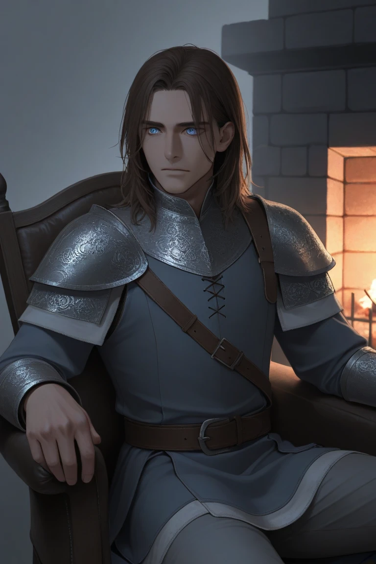 Medieval setting, handsome man with long dark brown hair and pale blue eyes dressed in regal clothing, grey and blue colors, he is sitted on a leather chair in front of a chimney, dim lighting.