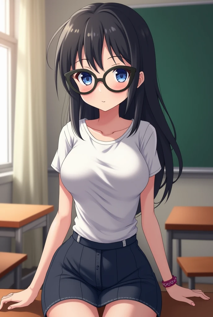 1girl,alone,sumireko sanshokuin,masterpiece,best quality,anime screenshot,black hair,blue eyes,black glasses,long hair,school,library,sitting at desk,good lighting,white shirt,open shirt,black bra , blue skirt, short skirt, embarrassed, seductive, smiling, closed mouth, sexy body, big breasts, medium waist, medium thighs, round butt, looking at the viewer, from the front, pov (from above)