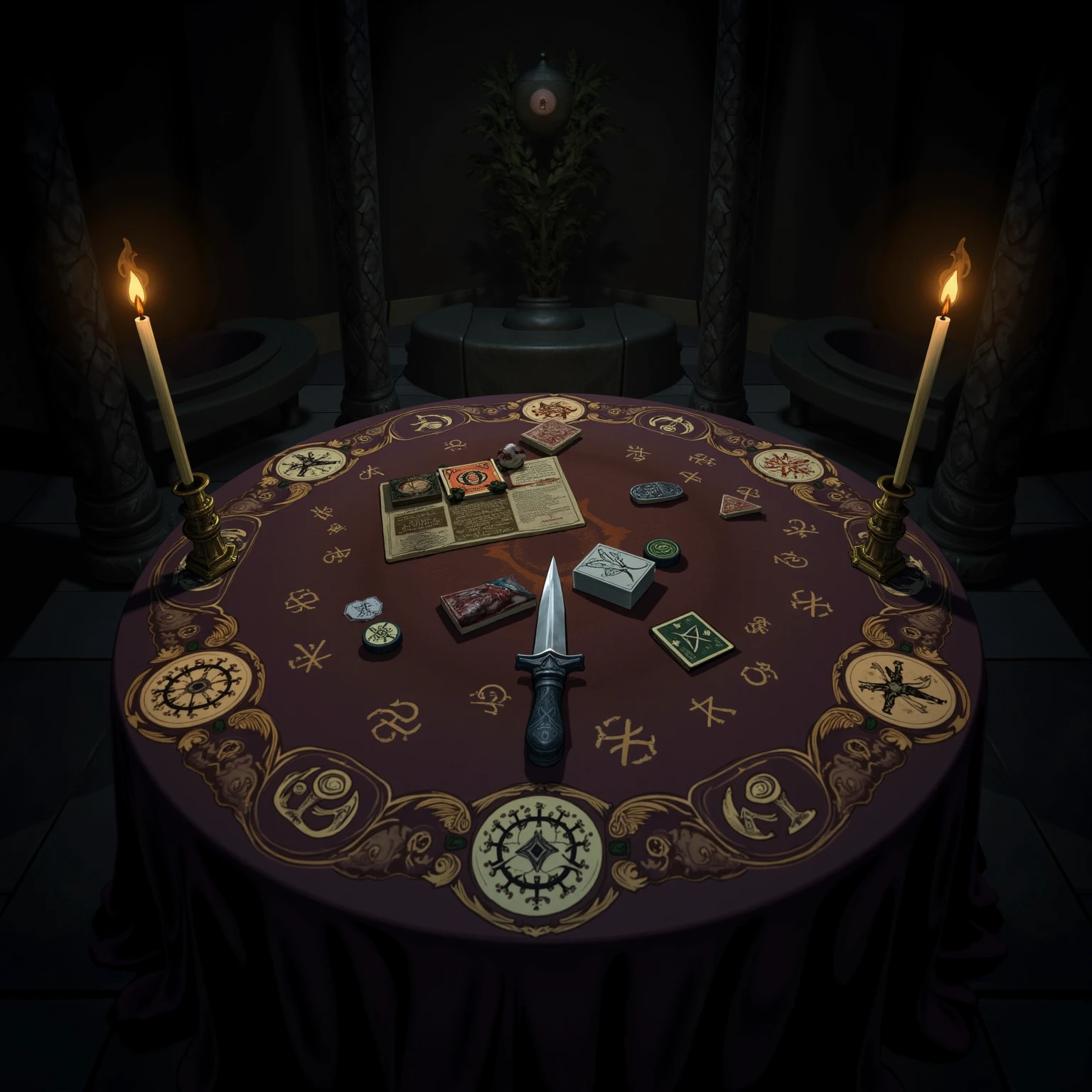  ritual items on a special table, magic candles , a knife,  Magic symbols , magic attributes, Playing cards