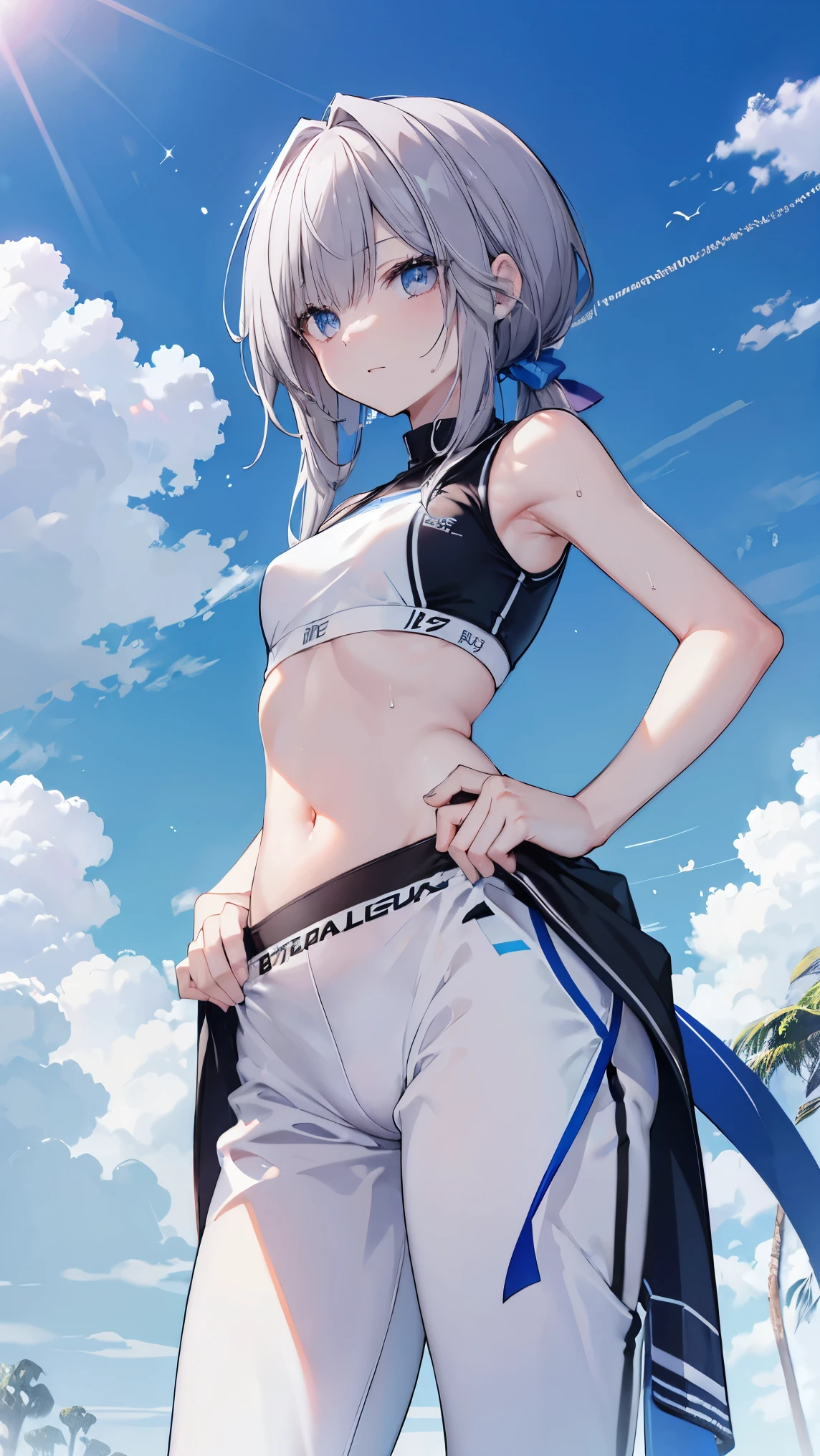 best quality 、、(Whitening skin)、,Petite、 slender, sports bra,Sports pants,,belly button, small breasts, slender, sweaty, Running,blue sky