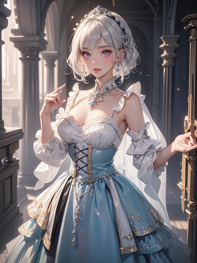 super alta qualidade,8K,princess,The skin is fair,Short silver hair,Jewel Crown,sun is shining,Different actions,High-rise white gauze dress