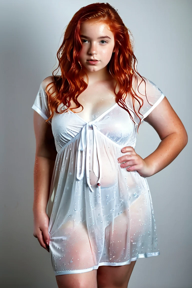 petite -yeld cu teen with medium breasts beautiful full body posing standing looking at the viewer in wet transparent white mini nightdress Looking at the viewer,  red hair,  masterpiece,  The best quality,  Textured skin, breasts, shy, realism, 