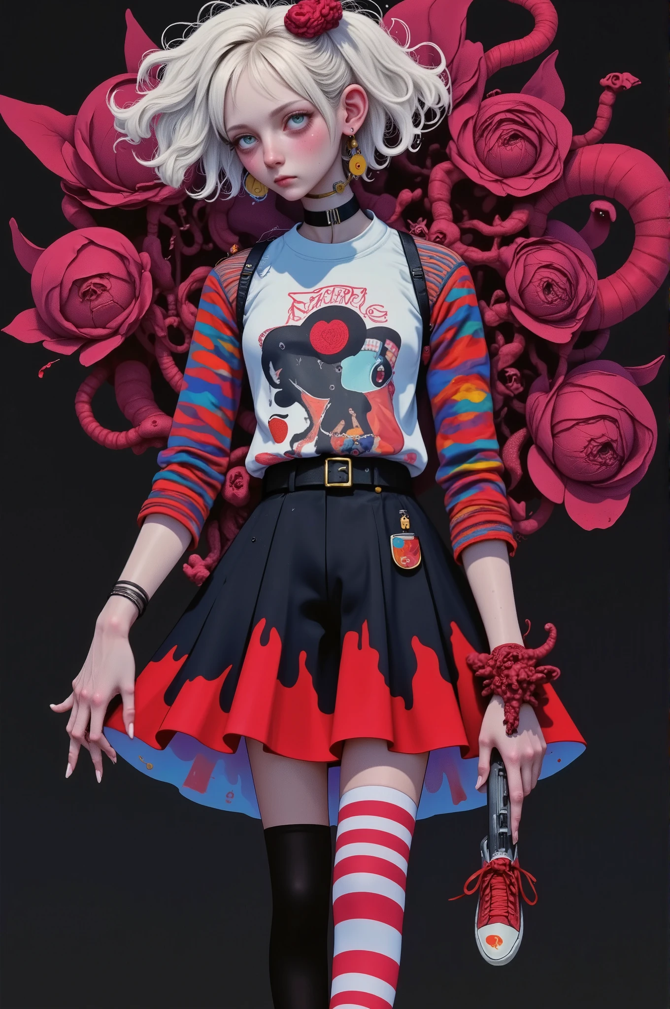   Feminine style cartoon characters  ,   with white hair a gold and red dracula behind the hair  ,  a white beard like Free Fire  ,  round black sunglasses ,   short sleeve t-shirt with red glove  , written in red on the brush   "free fire",   red skirt with white bottom edge  , with a gun in her hand,   long white thigh-length socks with a thin red ribbon on the side of the sock,   a red and black sneaker on the foot with face and ears  ,   Black background