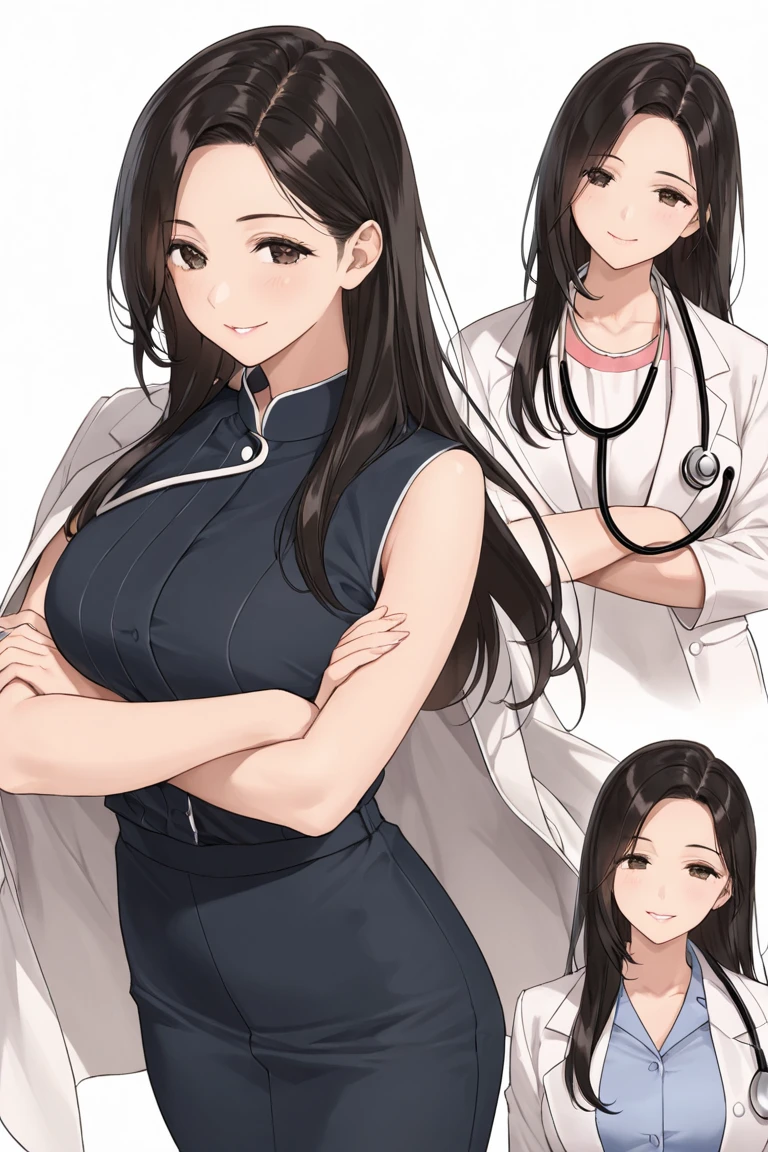 Professor, Doctor, Beautiful Black Haired Woman, Stethoscope, Turning Sideways to the Left, Arms Crossed, Beautiful Smile, white background