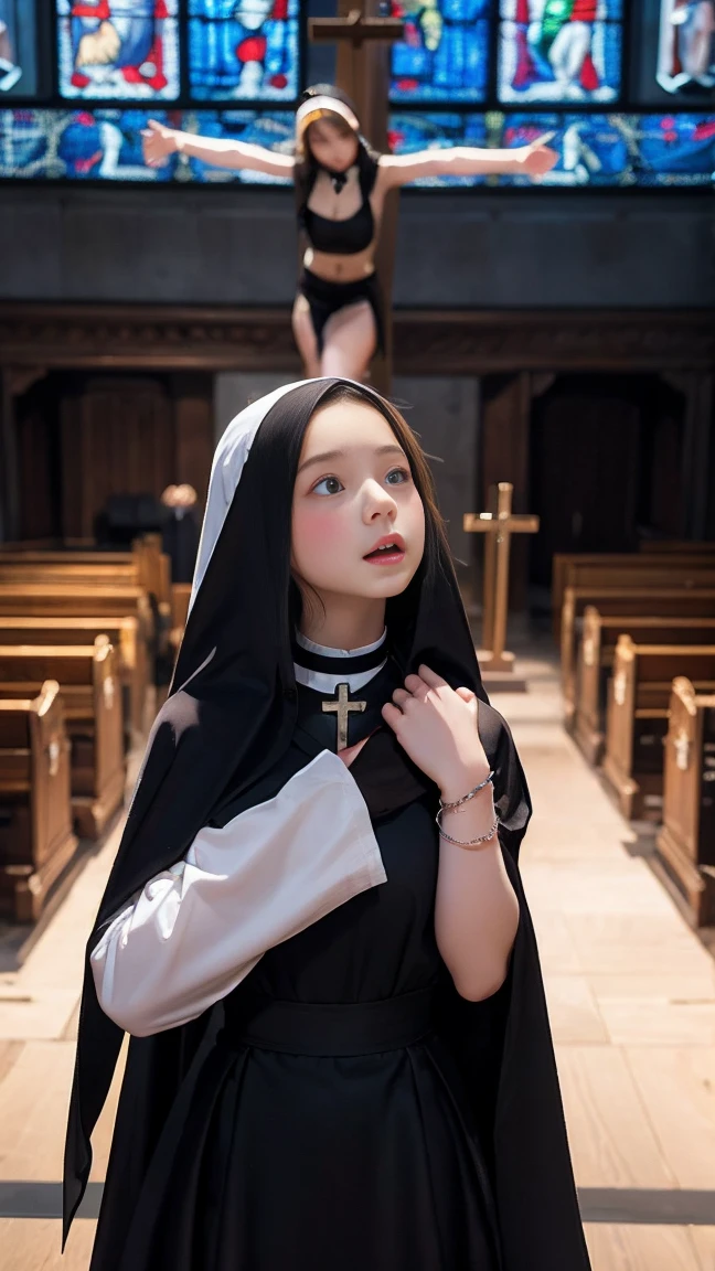 Little Virgin Saint Mary praying with a sweet and compassionate face.
Gothic style image.