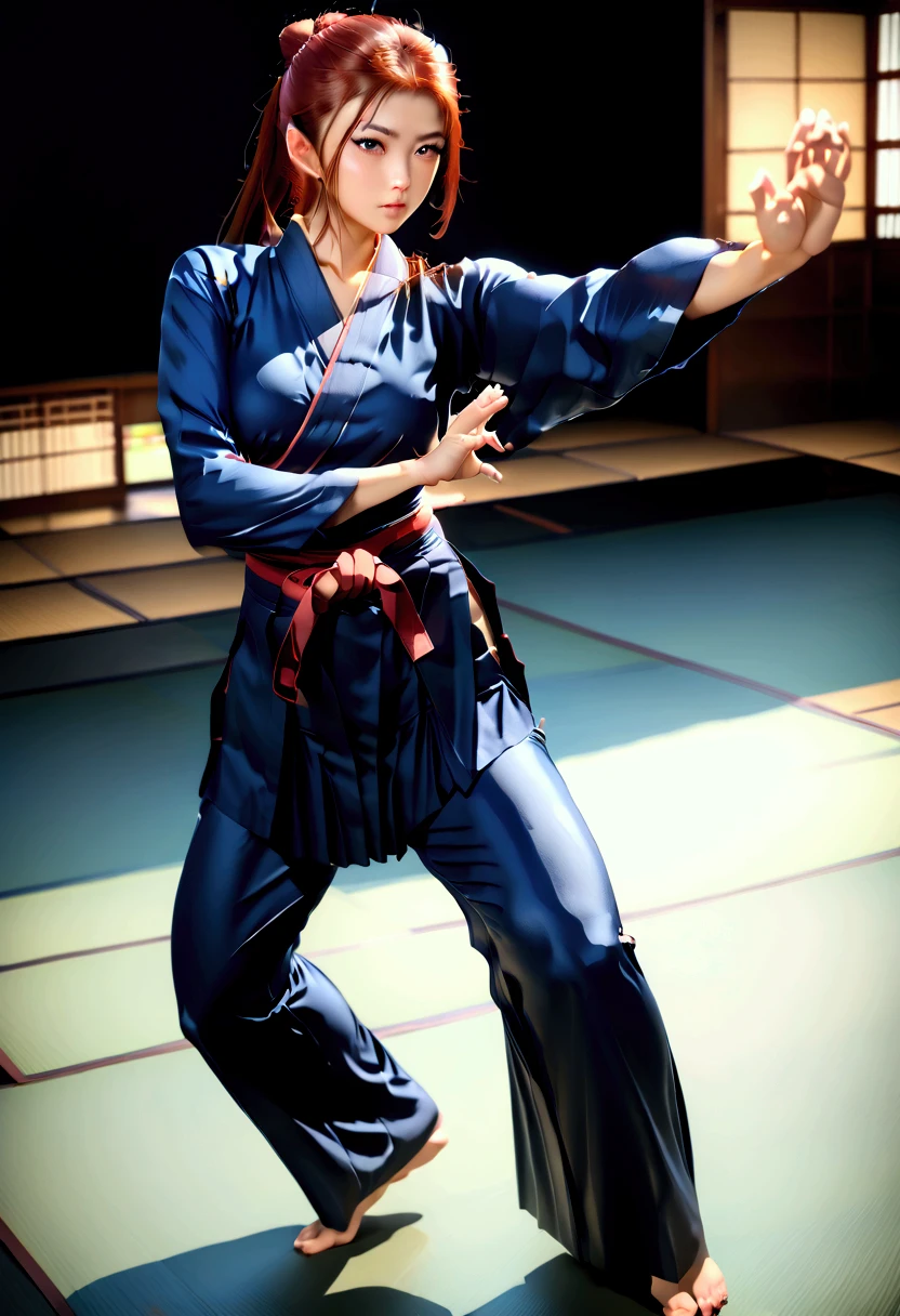 (masterpiece), best quality, expressive eyes, perfect face. Japanese busty (()) Aikido practitioner, (open chested) long sleeved Aikido gi (can't fully covers her large breasts), ((cleavage)), wide and long dark blue hakama trousers with both side long slit knotted on waist, (hip and thighs exposed from slits), (confident smug expression), big wide animestyle eyes, black long ponytail, front hair bangs, dojo background. Soft lighting. Sweaty. NSFW. Explicit. ((Aikido fighting stance, wide leg spread, both arms extended front of body, open palms)). 