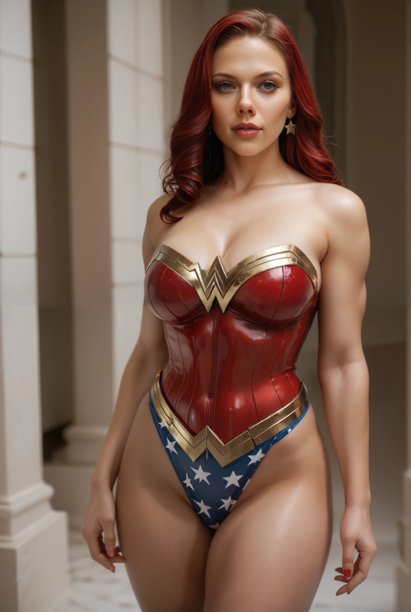 (best quality,4k,8k,highres,masterpiece:1.2),ultra-detailed,(realistic,photorealistic,photo-realistic:1.37),portrait, Carly ,beautiful detailed eyes,beautiful detailed lips,extremely detailed face,long eyelashes, sexy,soft lighting,subtle background,professional photography,vivid colors full body , kidnapped by a fan, blushing face () full body (seductive) (ready for sex) (biting her lips) ( Wonder Woman outfit) (blue eyes) (red hair) (ponytail) (missbri)