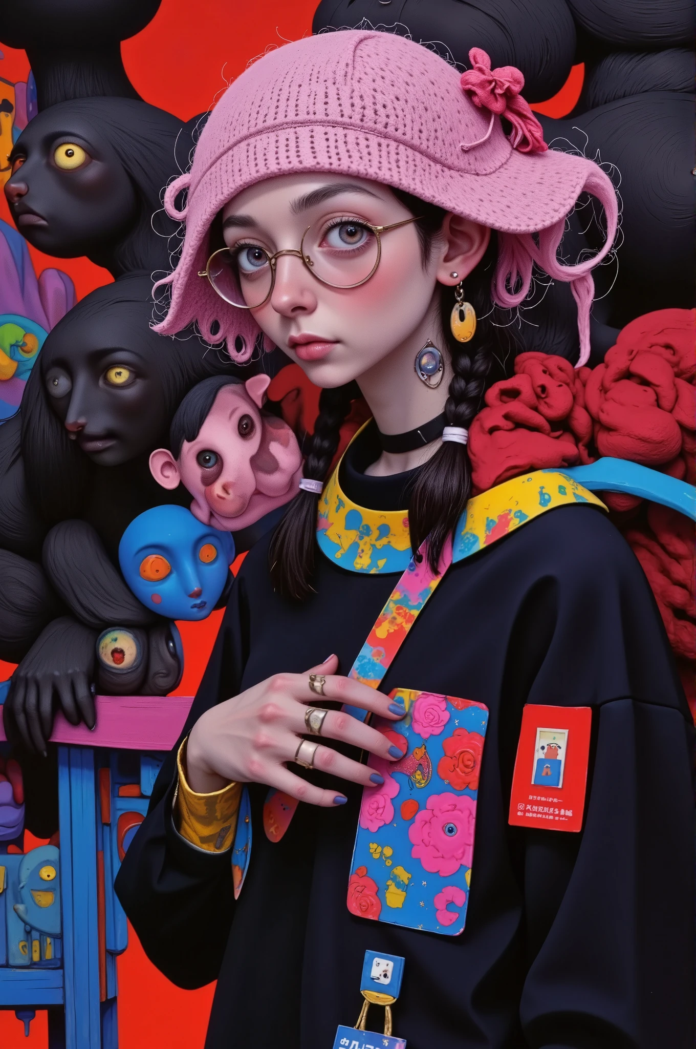   Close-up of a person wearing a hat with pink sequins and shiny glasses and round colored glasses. He wears his index fingers close to his mouth ,   Put your lips as if you were going to kiss painted with pink glitter    ,    on her fingers she wears rings she wears a yellow fur coat   ,  earrings with panda bears   ,    she wears disheveled bangs and two twin braids on the sides of her shoulders   ,    her eyes wide open beautiful and tender cyan she is European   , olive green background    .,    digital art inspired by Yanjun Cheng    , tumblr, arte digital,    beautiful artistic style   , Realistic kawaii portrait   ,   beautiful digital art  , lindo colorido adorable,    work of art in the style of Guweiz  , Cute cartoon style  ,  arte digital detallado y lindo  , guweiz,    realistic painting of a pretty girl    , a pretty girl   ,   Beautiful cartoon  