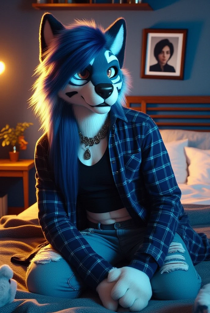 beautiful sexy emo navy blue tiger with silver stripes and she has long blue hair that is covering her eye and she is wearing a navy blue flannel with a black undershirt that is showing cleavage and she is wearing a pair of ripped up jeans and she is sitting in her room on her bed