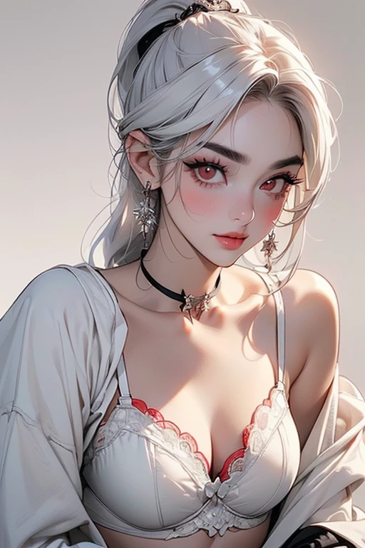 (masterpiece, Highest quality:1.2), 1 person, alone, Close-up of a woman in bikini and jacket posing on a railing, cyber punk, cyber punkオッパイ, cyber punkアニメアート,NSFW, ((Woman with tattoo on chest)), Erect nipples, ((Short white hair with bangs, Black strands of hair)), Purple eyes,. 超High resolution.Realistic. 超High resolution.Realistic:1.4,超High resolution. Realistic,High resolutionで, masterpiece, Highest quality, Very detailed, Better Shadows, Volumetric lighting), super high quality, High resolution, 8k, 超Realisticな肖像画 , Realistic, Dynamic Lighting, Volumetric lighting, Very detailed顔