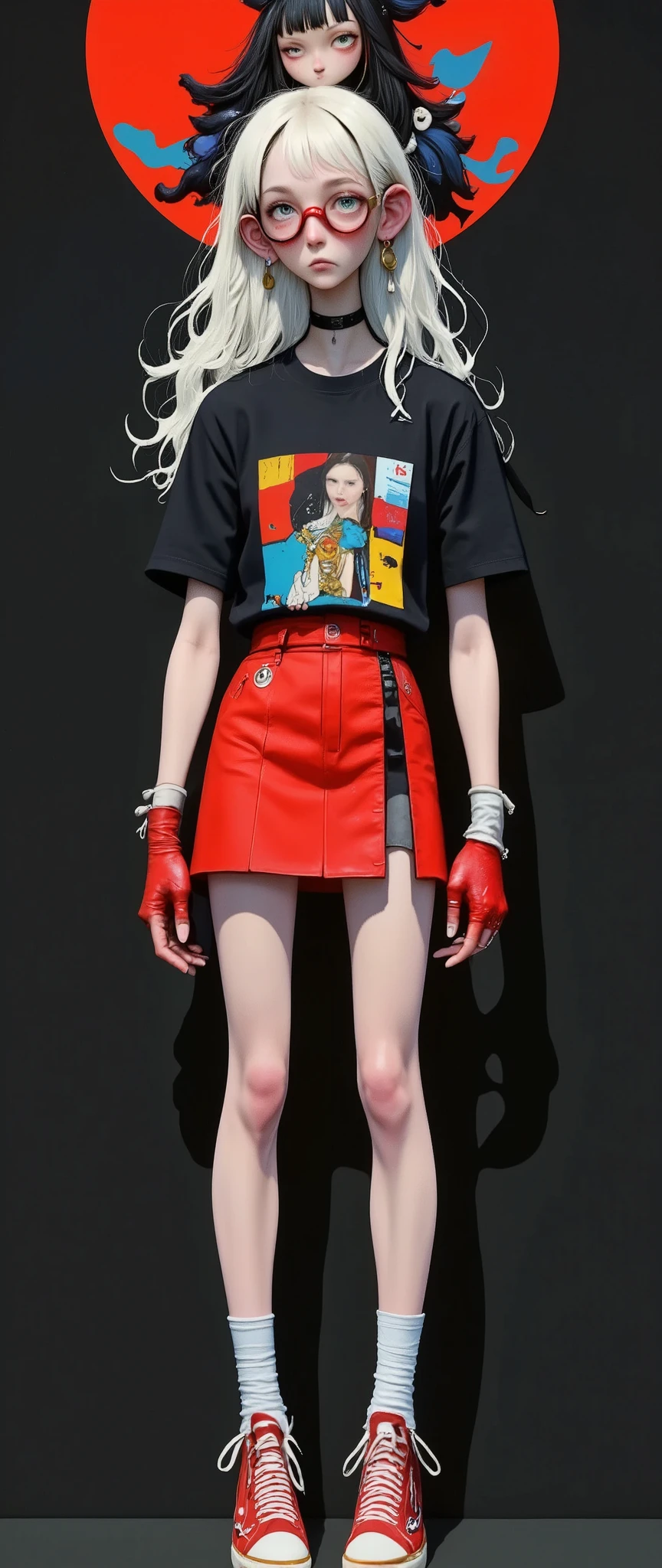  Feminine style cartoon characters  ,  with white hair a gold and red dracula behind the hair  , a white beard like Free Fire  , round black sunglasses ,  short sleeve t-shirt with red glove  , written in red on the brush  "free fire",  red skirt with white bottom edge  , with a gun in her hand,  long white thigh-length socks with a thin red ribbon on the side of the sock,  a red and black sneaker on the foot with face and ears  ,  Black background