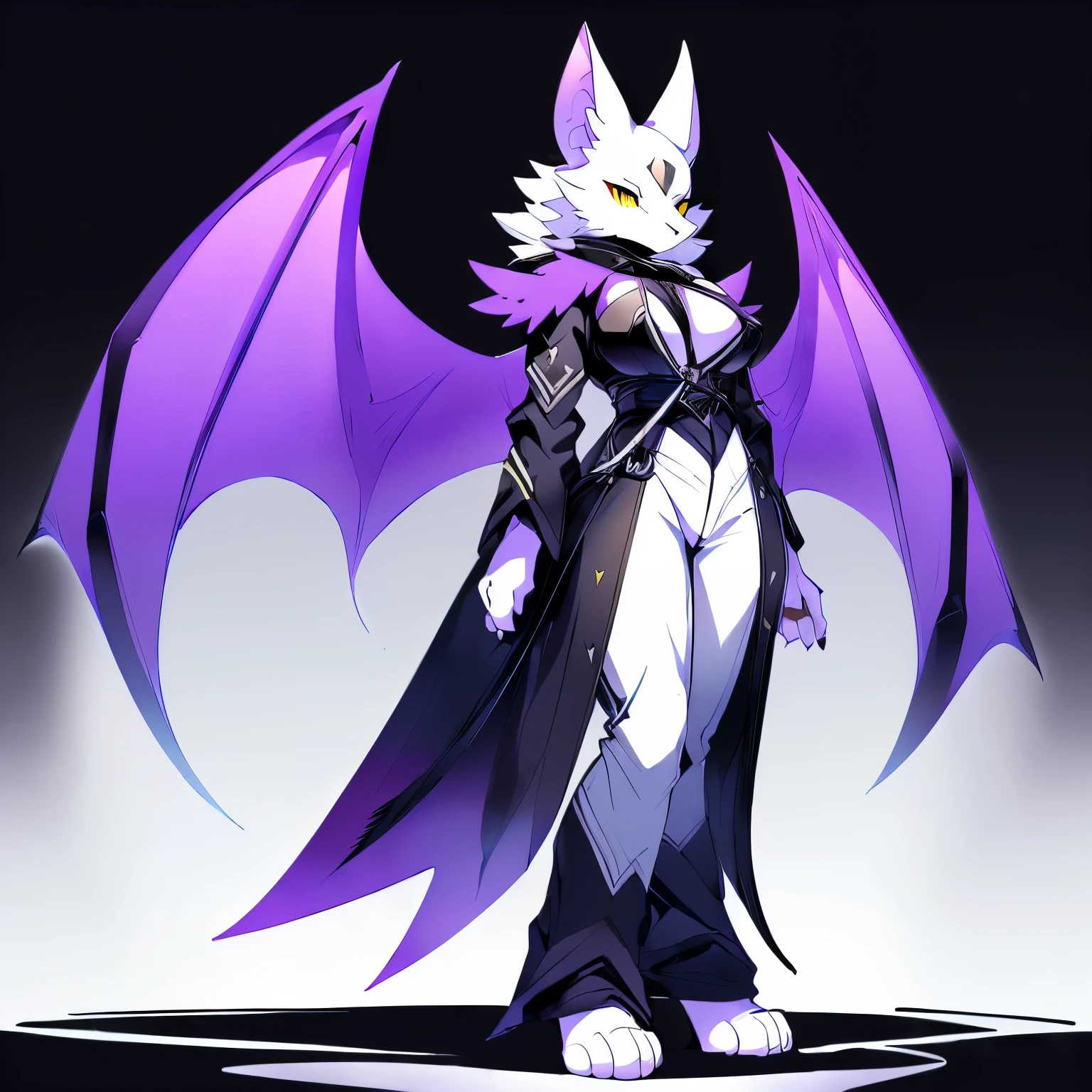 Anime, anime style, ((single person:2)), ((solo drawing:2)), ((solo:2)), ((three-quarter view)), ((Looking to the side)), ((female Anthro bat)), ((Tall figure)), ((buxom figure)), ((white skin)), clawed hands, clawed feet, ((Single Pair of Wings)), ((Huge Bat Wings)), ((Purple Bat Wings:1.2)), white bat ears, ((wearing a black halter)), ((white face)), ((neutral expression)), bright yellow eyes, ((digitigrade legs)), ((digitigrade feet)), solid black background, highly detailed anime style, clean lines, white face, short white muzzle, white furry cheeks, white furry muzzle, ((wearing loose black pants)), ((white paws))