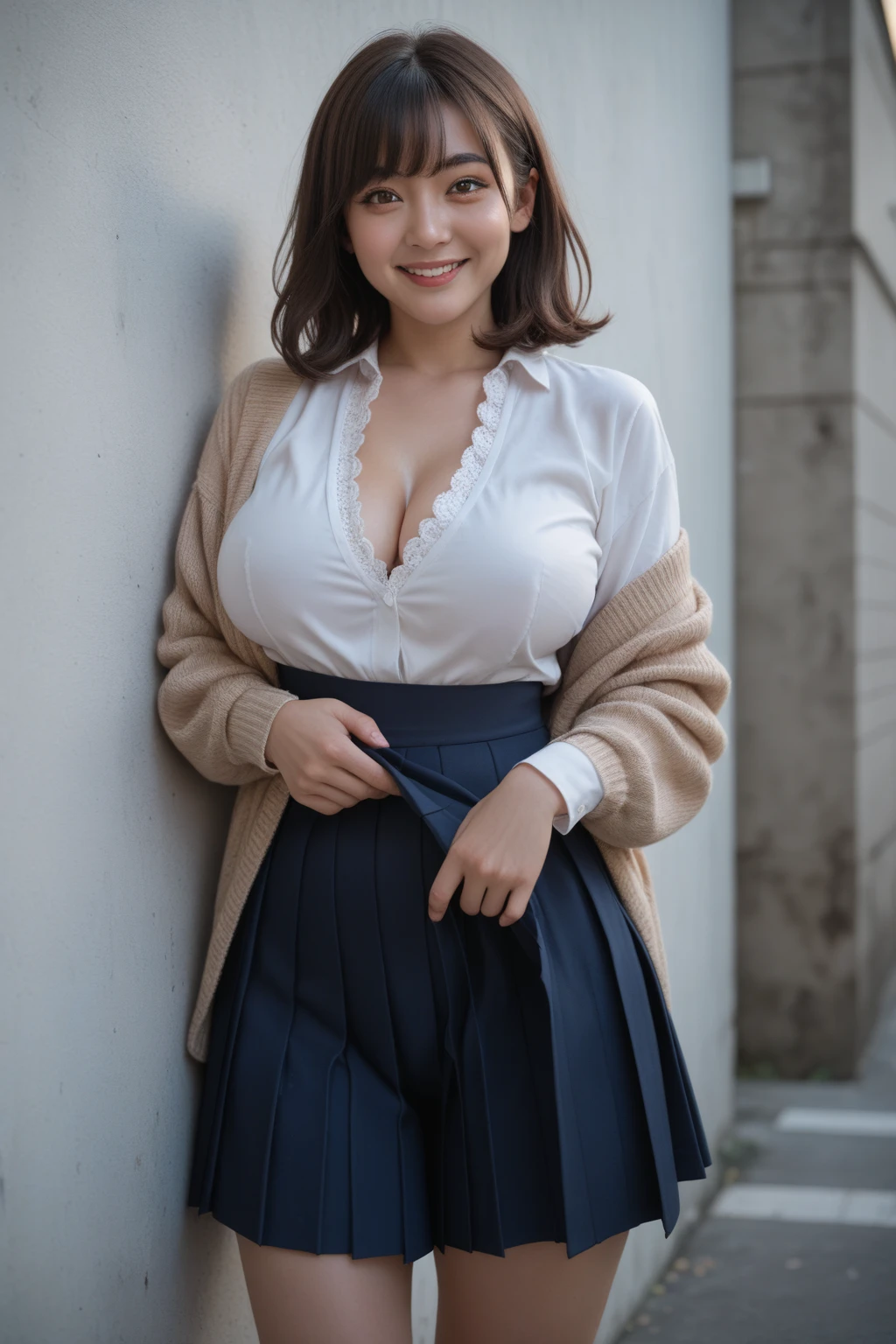 best quality, High resolution, Hires, skin definition, detailed skin, detailed eyes, detailed face, 4K, 日本人mature woman, ((solo)), (((90 years old))), (wrinkles at the corners of the eyes:1.7), (nasolabial folds:1.5), mature woman, sex appeal, sexy, fair skin, ((wavy long hair)), Looking at Viewer,(((my skin is old))), ((muscles are old)), (((Very large breasts:1.28))), ((loose breasts)), (flaccid butt), ((japanese model)), 4K, (photoReality:1.5), Reality, ticker, Beautiful, Bimbo, Perfect makeup, eye make up:1.9, small diamond necklace, earrings, {((Brown duffel coat)), ((white undershirt)), (Argyle pattern pleated skirt), (black long boots )}, smile, Public place,full body photo,
