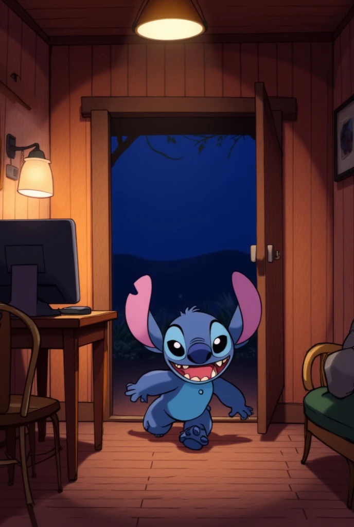  A vibrant scene shows Stitch from Disney entering his house ,  leaving the door open behind him .  He has a wide and radiant smile ,  reflecting his genuine happiness .  The soft light of the night still comes through the open door ,  softly illuminating the scene . Stitch da Disney,  with an animated look full of expectation ,  advances to the center of the house ,  where a simple table is located . On top of her , The computer is turned on ,  with the screen emitting a soft light ,  creating a contrast with the darkness of the night that still surrounds the outside .

 The face of Stitch from Disney shines with happiness as he gets ready to approach table .  He is wearing simple clothes ,  but the joy in your eyes and the sparkle in your expression They make everything around you brighter .  O The environment surrounding Disney's Stitch is cozy ,  with shades of wood walls and furniture ,  creating a cozy space .  The ceiling lamp emits a warm light that fills the room ,  creating a cozy and quiet environment .

 The open door behind him offers a view of the night ,  where the stars shine softly and the field of red roses in the distance is illuminated by the soft light of the moon,  reflecting the serenity of the outside world . Stitch da Disney,  with the quick and animated steps ,  approaches the computer intending to sit down and type ,  his expression radiating enthusiasm and joy .

 The light wooden floor and simple chair complete the scene .  The interior of the house is simple ,  but the energy of Disney's Stitch transforms the space into a place filled with life and expectation ,  as he gets ready to do what he wanted with such enthusiasm .