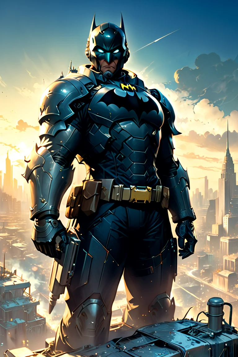 fallout game, the art of fallout 4, a batman standing on top of a tall building, ross tran. scenic background, 2 0 1 9 anime, looking at the moon, old comics in city, discord profile picture, masterful composition, post-apocalyptic and retro-futuristic world in the mid-22nd century, nine decades after a nuclear war, the art of fallout 4