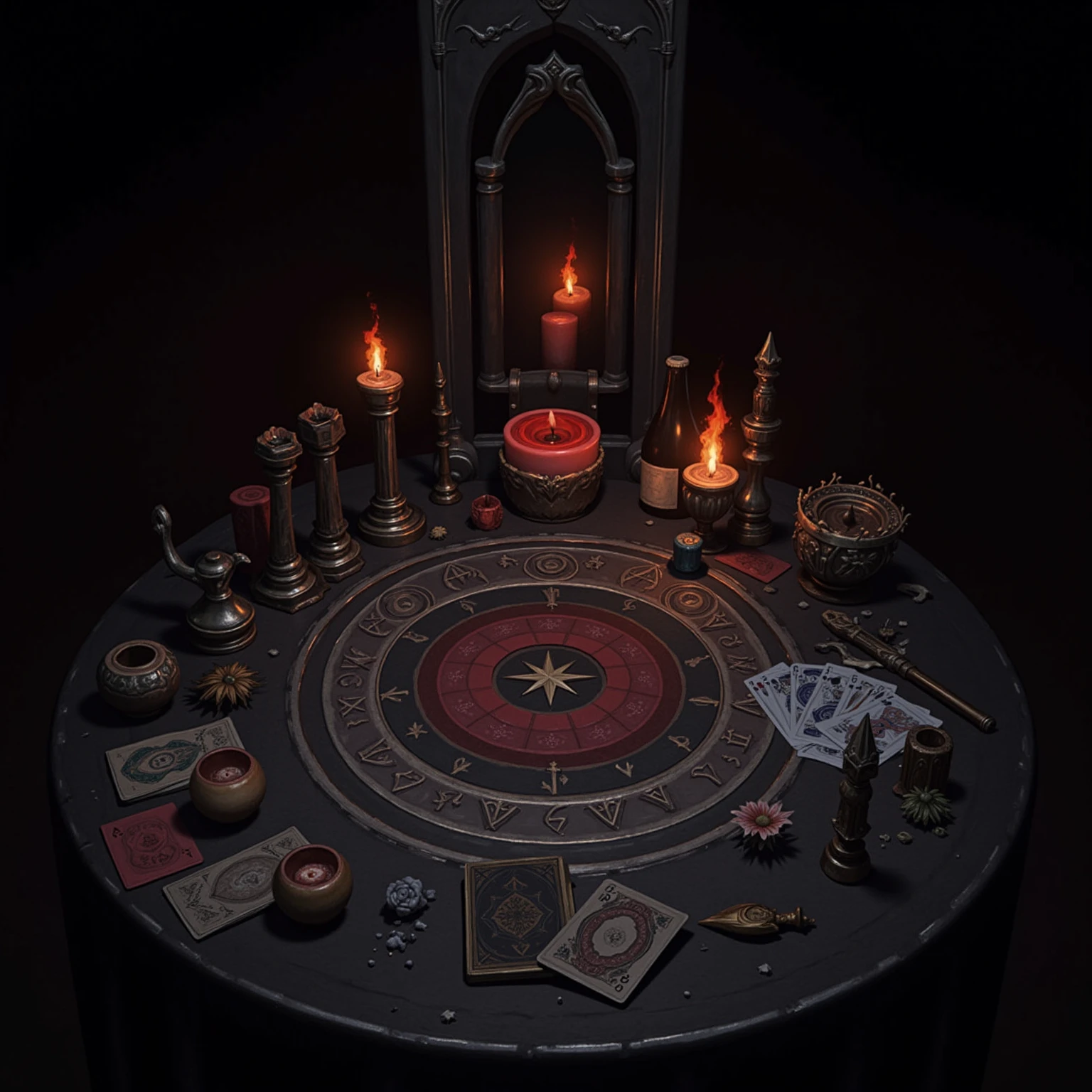  ritual items on a special table, magic candles , a knife,  Magic symbols , magic attributes, Playing cards