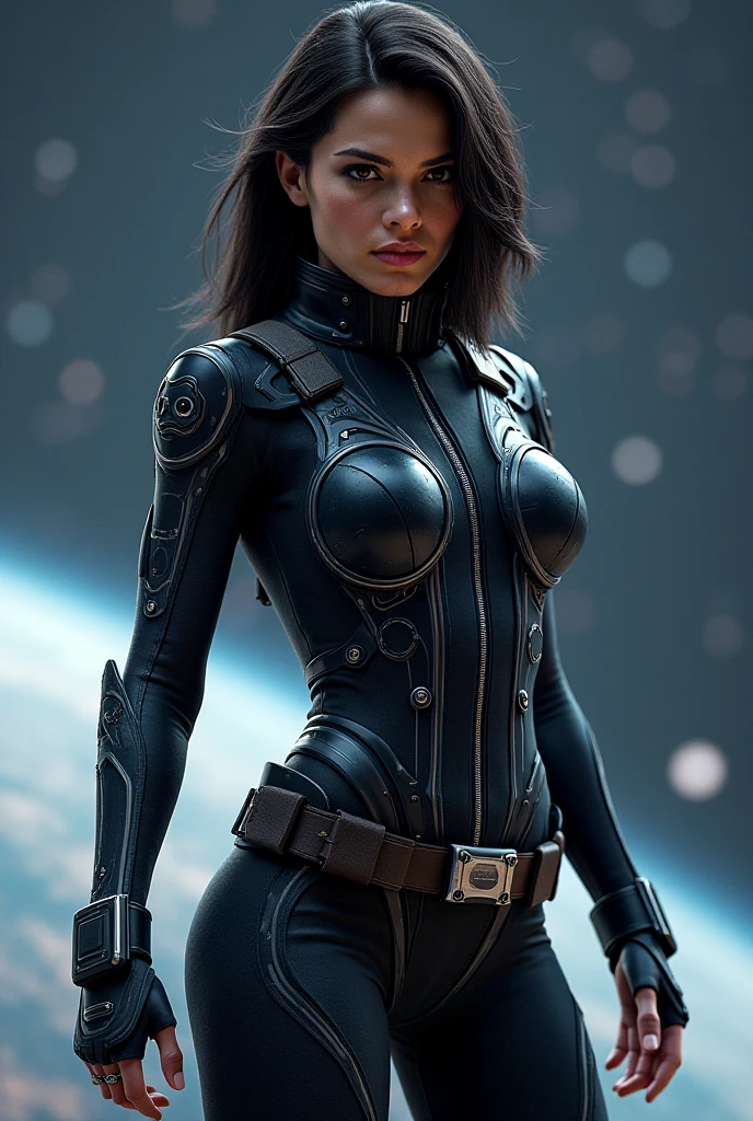 ((Mejor calidad)), ((Rebecca Ferguson)) (obra maestra)), (detallado), cara perfecta, 30 year old athletic woman, grandes senos, small waist, pose. Dentro de una nave espacial, wearing highly detallado futuristic storm trooper black armor