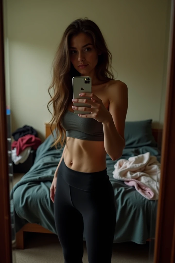 A beautiful young woman with long brown hair, with thick thighs and breasts, with a very thin waist, a white-toned skin, dressed in a sports outfit consisting of black shorts and a pink sports shirt. The image is taken from a frontal angle. She is in a casual pose, taking a selfie in his room, His arm places his phone right in front of his face, making his face not visible.