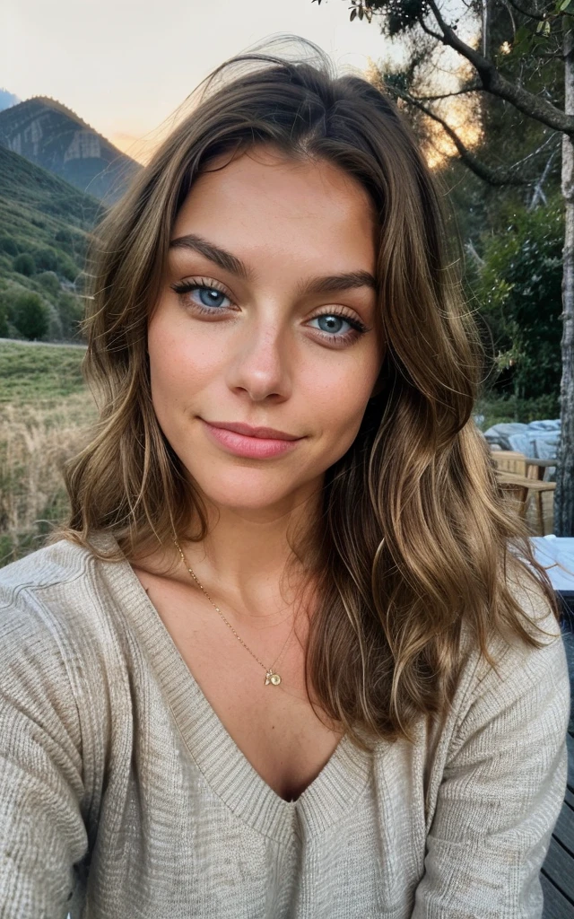 Belle brune aux reflets blonds portant un pull beige (22 ans, visage innocent, natural wavy hair, blue eye),A bottle of craft beer on the table and a woman ((Selfie on the upper body, a happy)), tmasterpiece, beste-Qualit, Ultra-detailed, solo, En plein air, (the night), mountains, Nature, (the stars, luna) cheery, analog style (Look at the viewer: 1.2) (skin texture) (film grains: 1.3), (warm hue, warm tone: 1.2), a closeup of a, cinematiclight, sidelighting, extra high resolution, better shadow, Raw, upper-body, sweater